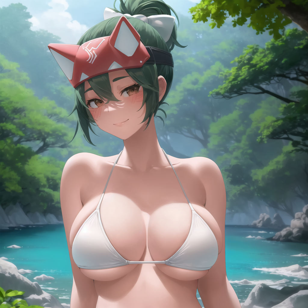1girls, ai generated, big breasts, bikini, breasts, brown eyes, female, female only, green hair, kiriko (overwatch), overwatch, overwatch 2, ponytail, ribbon, smirk, smirking