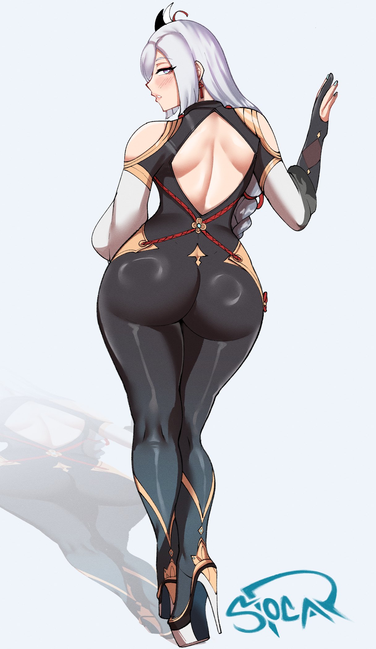 1girls, artist signature, ass, blue eyes, bodysuit, breasts, female, genshin impact, high heels, huge ass, large breasts, light skin, light-skinned female, long hair, lord socar, shenhe (genshin impact), simple background, tight clothing, white hair