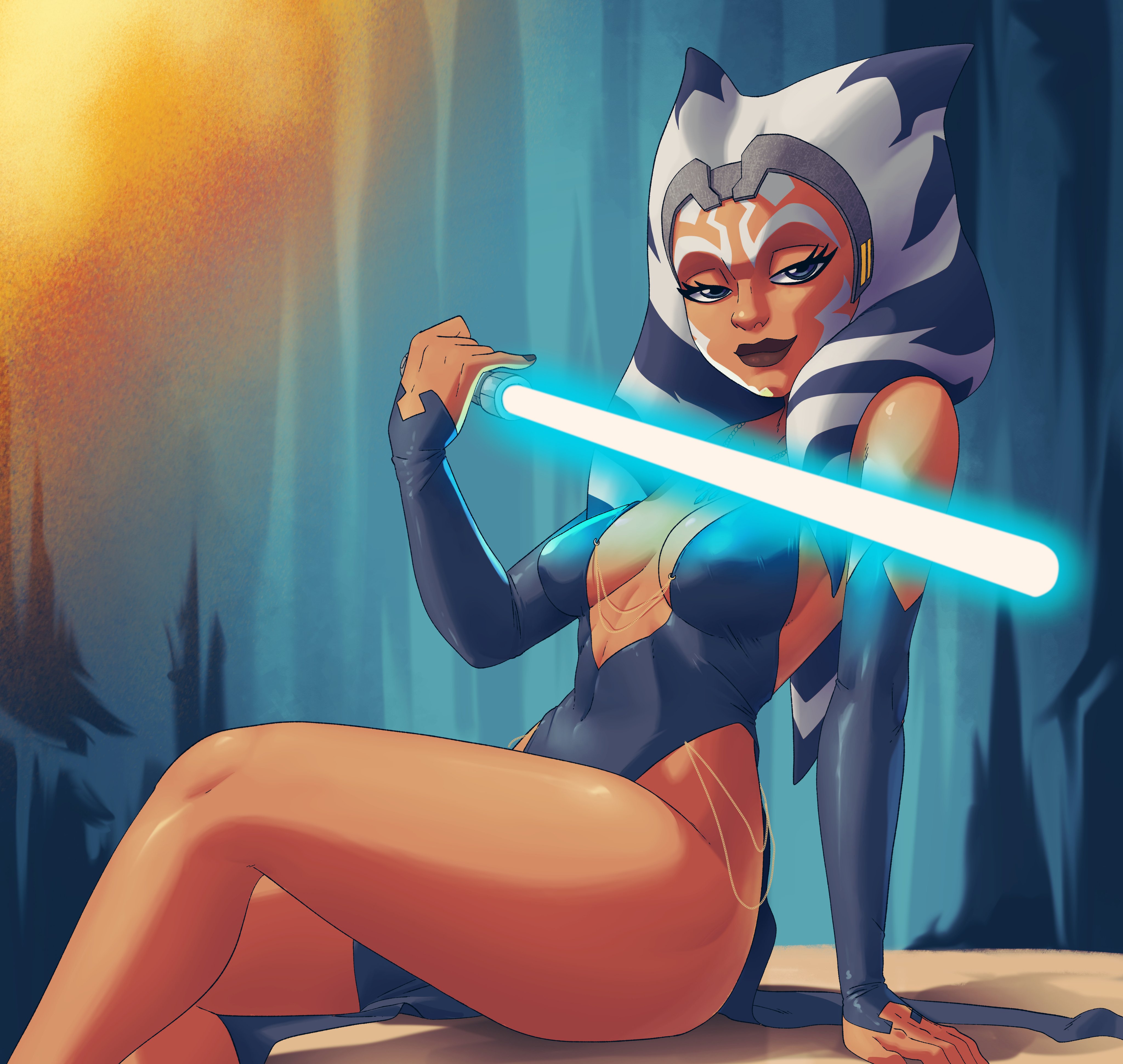 1girls, ahsoka tano, alien, alien girl, alien humanoid, alternate costume, arm warmers, blue clothing, blue eyes, blue lightsaber, breasts, clone wars, clothed, clothed female, clothing, coolerinker, double slit dress, dress, female, high slit dress, holding object, holding sword, holding weapon, humanoid, inker comics, inkershike, lightsaber, looking at viewer, melee weapon, orange body, orange skin, perky breasts, pose, science fiction, seductive, seductive look, side view, sitting, slit dress, small breasts, solo, star wars, sword, teenage female, teenager, the clone wars: season seven, thighs, togruta, weapon, young, young female