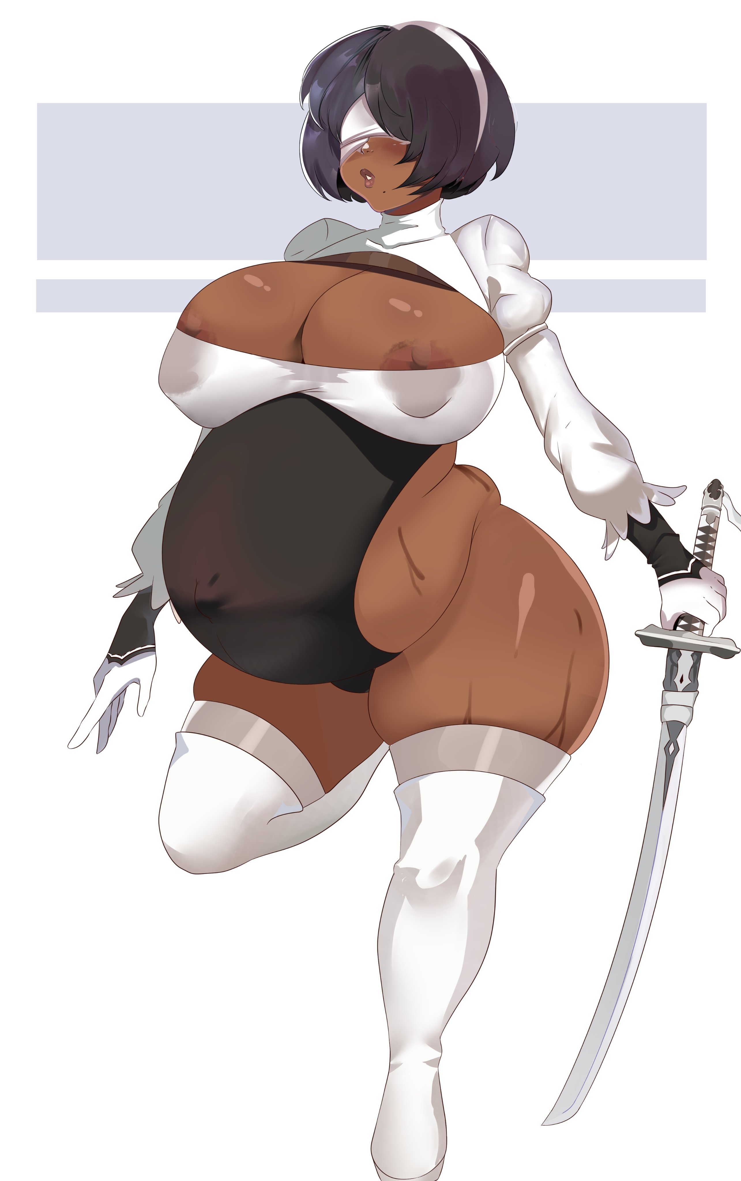 1girls, alternate costume, areolae, blindfold, breasts, dark skin, dark-skinned female, female, female only, huge belly, huge breasts, nier, nier: automata, palitexx, pregnant, ready to pop, solo, thick thighs, virtuous contract, wide hips, yorha 2p