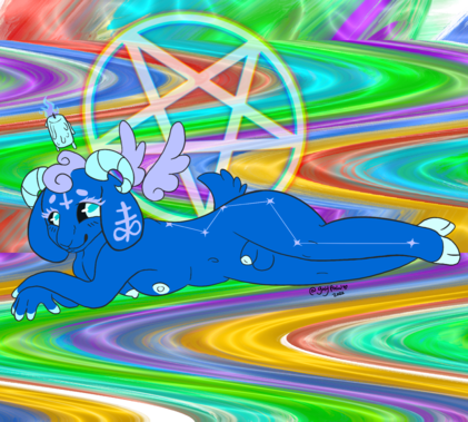 anthro ass balls bovid breasts caprine colorful colorful_background digital_media_(artwork) gaypaw genitals goat gynomorph intersex low_res mammal nude penis pentacle pentagram psychedelic religious_symbols satanic solo