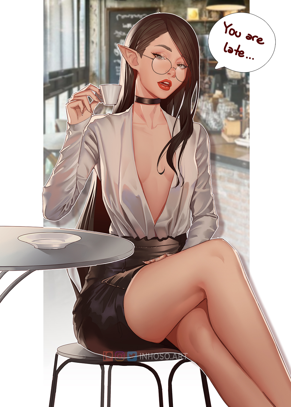 1girls black_choker breasts brown_eyes brown_hair brunette cafe chair choker clothed collar cup date drink ear ears elf elf_ears elf_female english_text female female_only first_date glasses inhoso legs legs_crossed light-skinned_female light_skin lips lipstick long_ears makeup petite plump_lips revealing_clothes revealing_shirt round_glasses seductive_look seductive_mouth sharp_ears sitting sitting_down sitting_on_chair skirt small_breasts solo tagme_(character) tea_cup text thick thick_thighs thighs