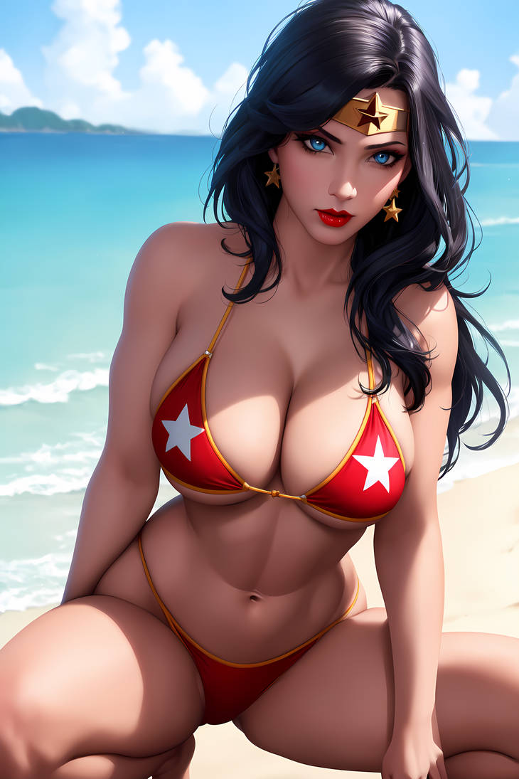 1girls, ai generated, aiartshines, amazon, background, beach, big breasts, bikini, bikini bottom, bikini top, black hair, blue eyes, breasts, cleavage, cloud, clouds, curvaceous, curvy, curvy body, curvy female, curvy figure, dc, dc comics, diana prince, earrings, female, female only, hand behind head, hourglass figure, kneeling, light skin, light-skinned female, long hair, looking at viewer, red bikini, sand, seductive, sky, solo, solo female, superheroine, tiara, vambraces, voluptuous, voluptuous female, water, wonder woman, wonder woman (series)