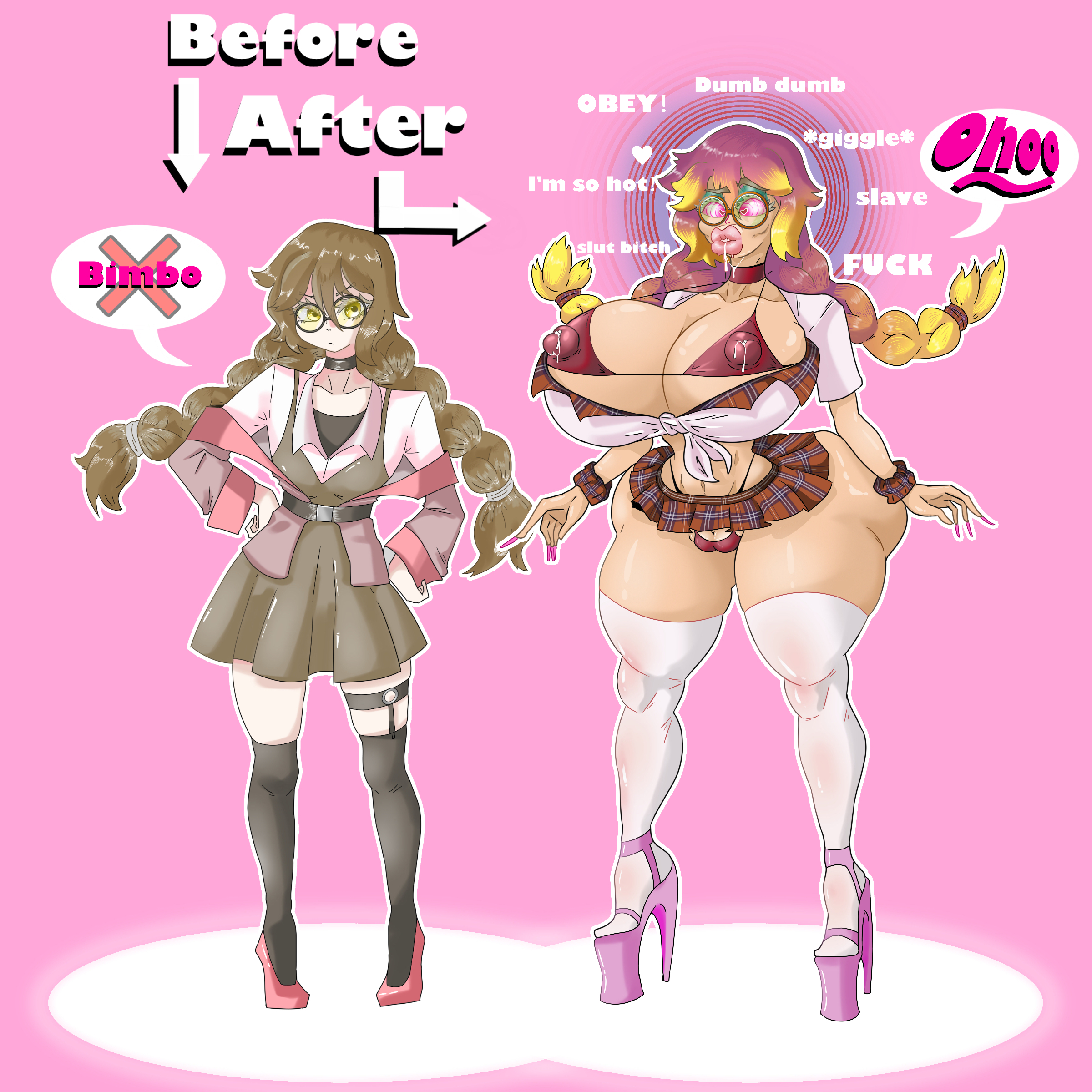 ass, ass expansion, bimbo, bimbofication, brain drain, brainwashing, breast expansion, breast growth, breast growth (enlargement), breasts, english text, female, hair color change, hair growth, high heels, huge ass, huge breasts, lip expansion, navel, nipples, platform heels, shanbei rui de, text, thick lips, thick thighs, thigh expansion, transformation, wide hips