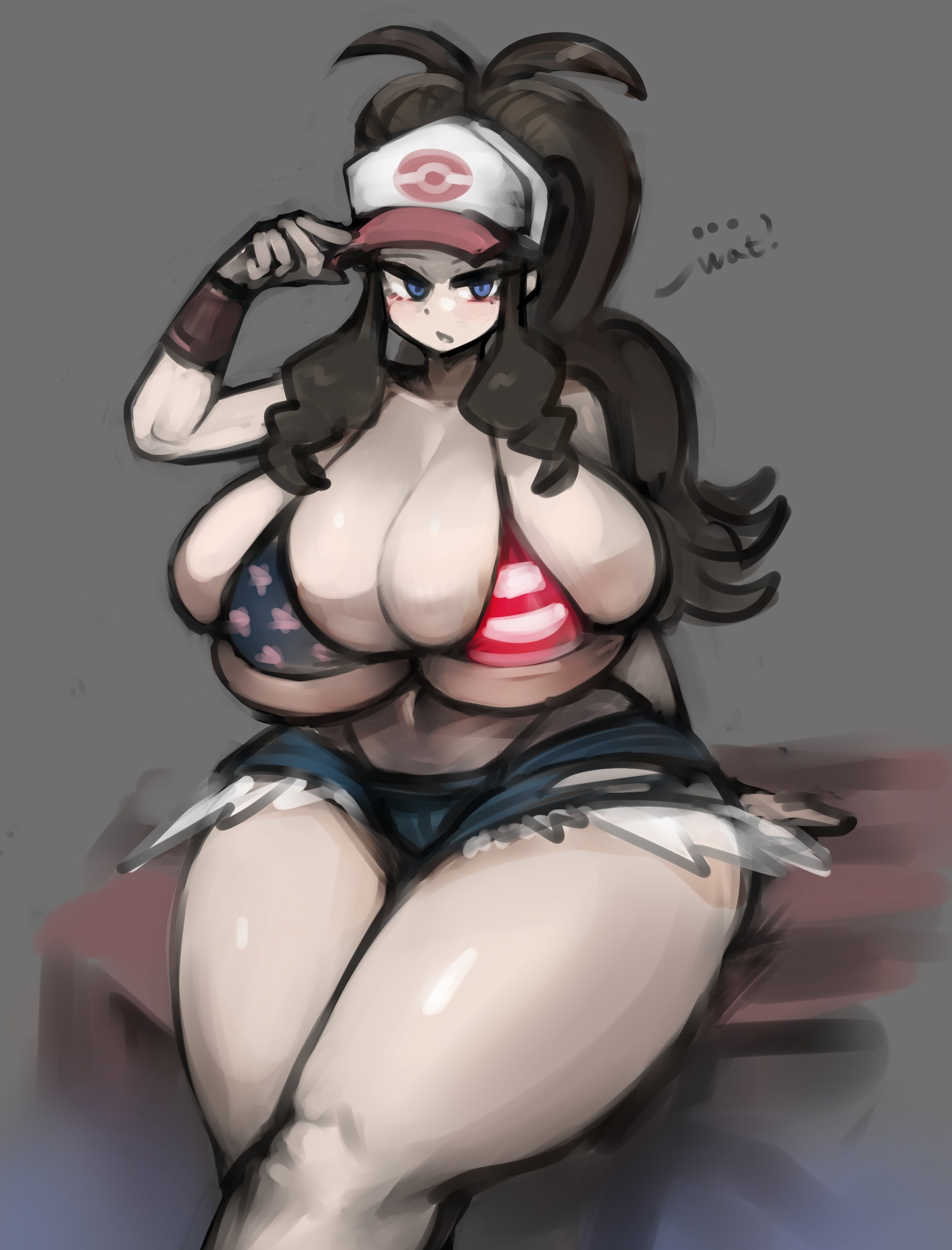 1girls, alternate body type, alternate breast size, american flag bikini, ass, breasts, brown hair, bubble ass, bubble butt, female, game freak, gigantic breasts, gipehtyboon, hilda (pokemon), hips, huge breasts, light skin, light-skinned female, long hair, nintendo, pokemon, pokemon bw, ponytail, short shorts, shorts, swimsuit, thick thighs, thighs, voluptuous, wide hips, wip, yboon