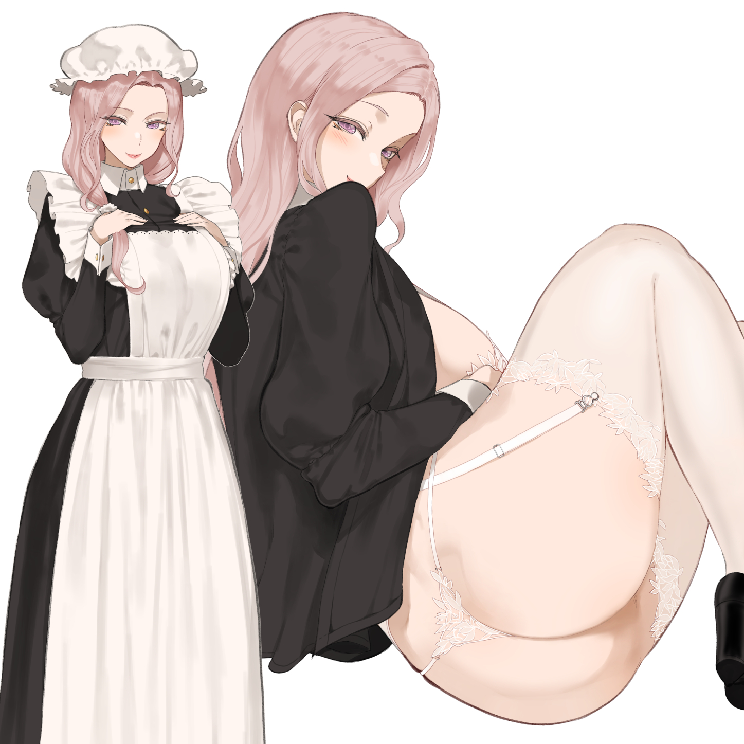 1girls, ass, big ass, big breasts, big butt, breasts, female, female only, large breasts, lingerie, long hair, looking at viewer, looking back, maid, original, original character, panties, purple eyes, solo, solo female, thick, thick ass, thighhighs, thong, throtem, underwear, voluptuous, white background