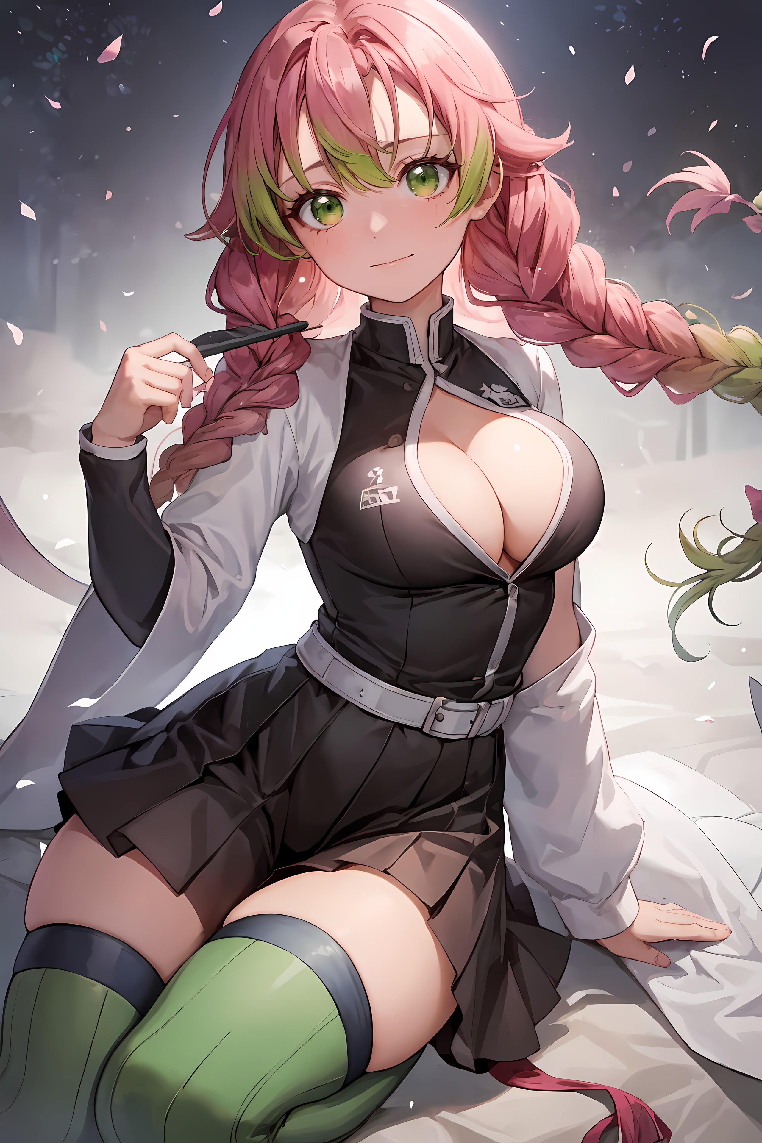 ai generated, demon slayer, female, green eyes, kanroji mitsuri, kimetsu no yaiba, pink hair, stable diffusion