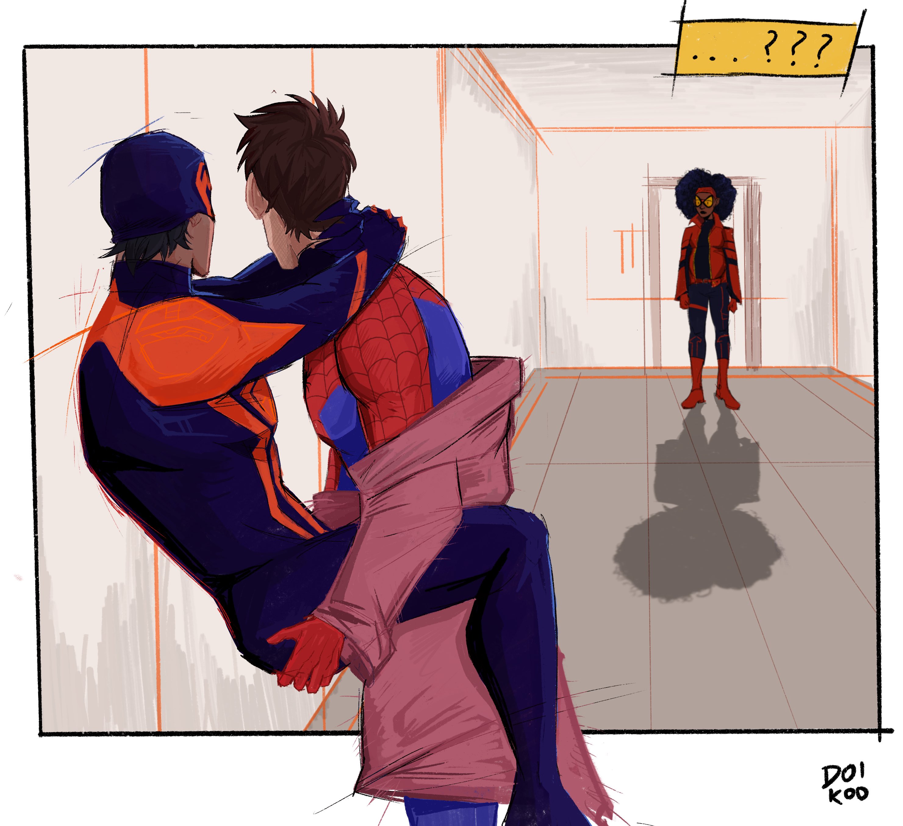 ???, 1girls, 2boys, against wall, arms behind head, ass, biceps, caught in the act, dark skin, dark-skinned female, dark-skinned male, doikoo, female, gay, hand on ass, hand on butt, human, human only, interracial, jessica drew, jessica drew (earth-332), light skin, light-skinned male, male, male only, marvel, marvel comics, mature, mature female, mature male, miguel o'hara, muscular, muscular male, pecs, peter b parker, spider-man, spider-man (series), spider-man 2099, spider-man: across the spider-verse, spider-woman, unseen male face, yaoi