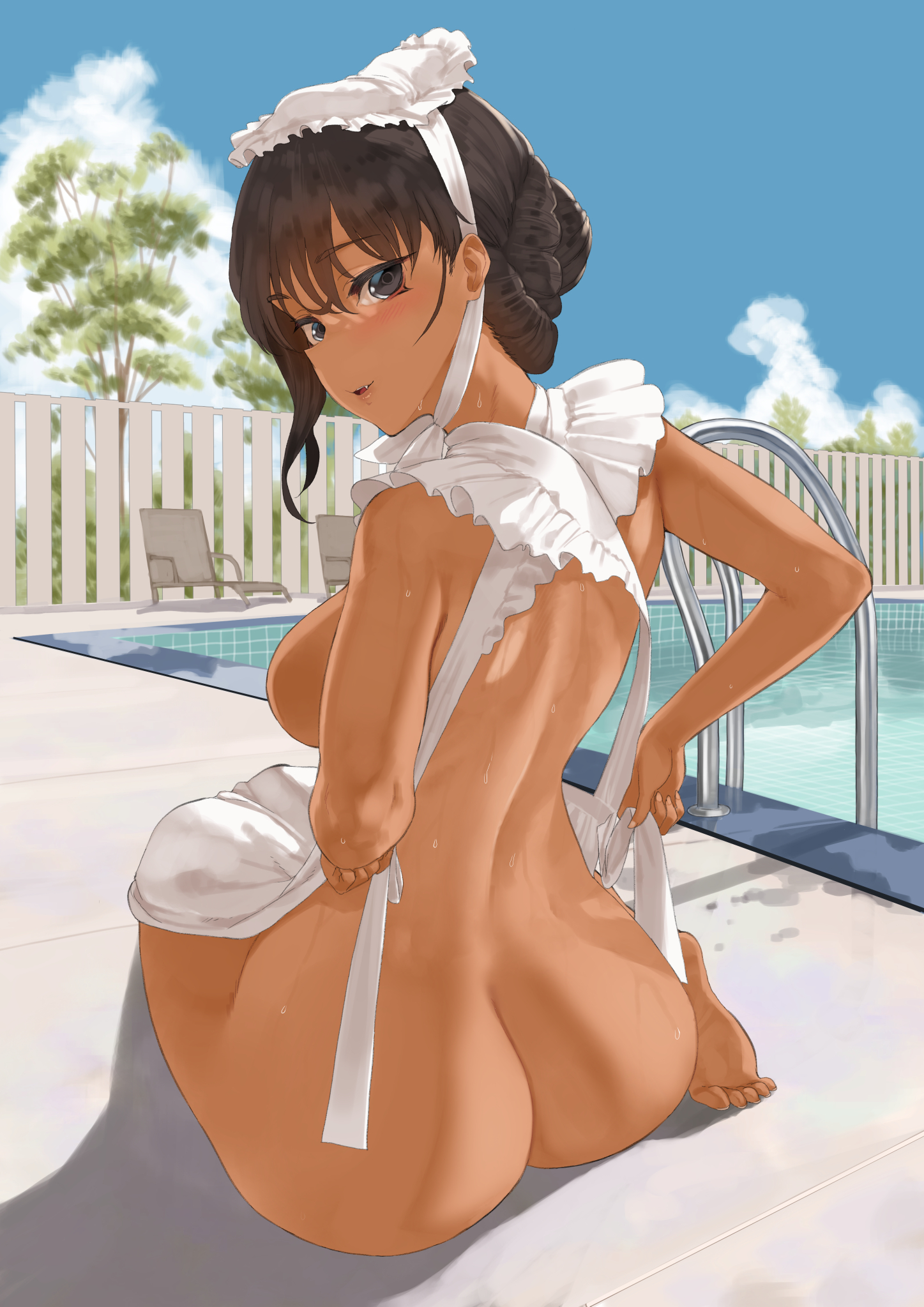 1girls, apron, apron only, ass, back view, big ass, big breasts, big butt, black eyes, black hair, breasts, dark skin, dark-skinned female, fat ass, female, female only, large ass, large breasts, looking at viewer, looking back, maid, original, original character, pool, solo, solo female, thick, thick ass, throtem, voluptuous
