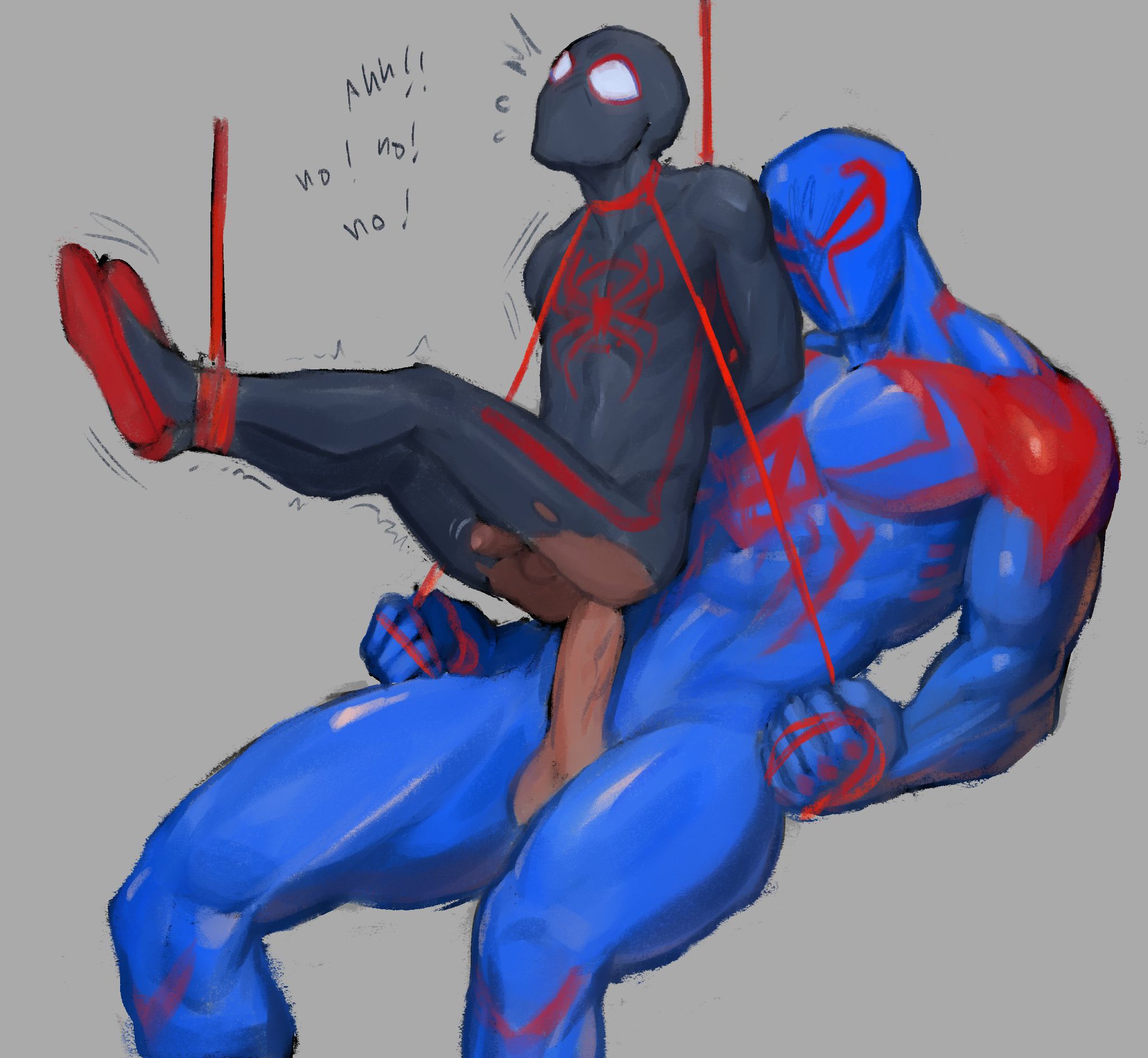 2boys, anal, anal sex, balls, bara, dark male only, dark skin, flowerfang, forced, forced anal, forced presentation, forced yaoi, gay, leonard davinki, male, male only, marvel, marvel comics, miguel o'hara, miles morales, moaning, muscular, muscular male, pecs, rape, size difference, spider-man (series), spider-man 2099, spider-man: across the spider-verse, tagme, yaoi