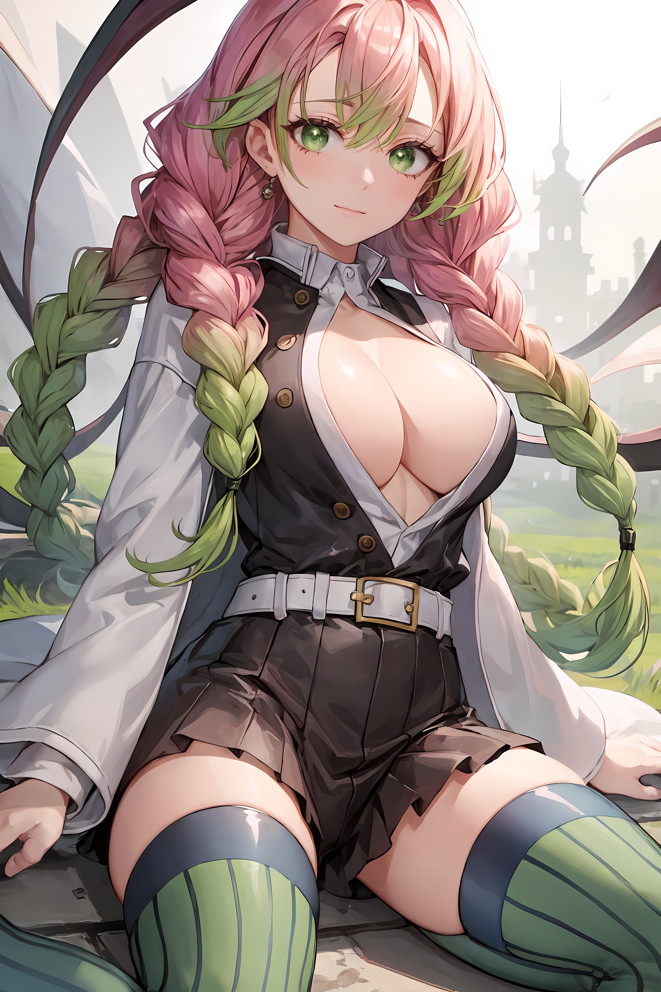 ai generated, demon slayer, female, green eyes, kanroji mitsuri, kimetsu no yaiba, pink hair, school uniform, stable diffusion