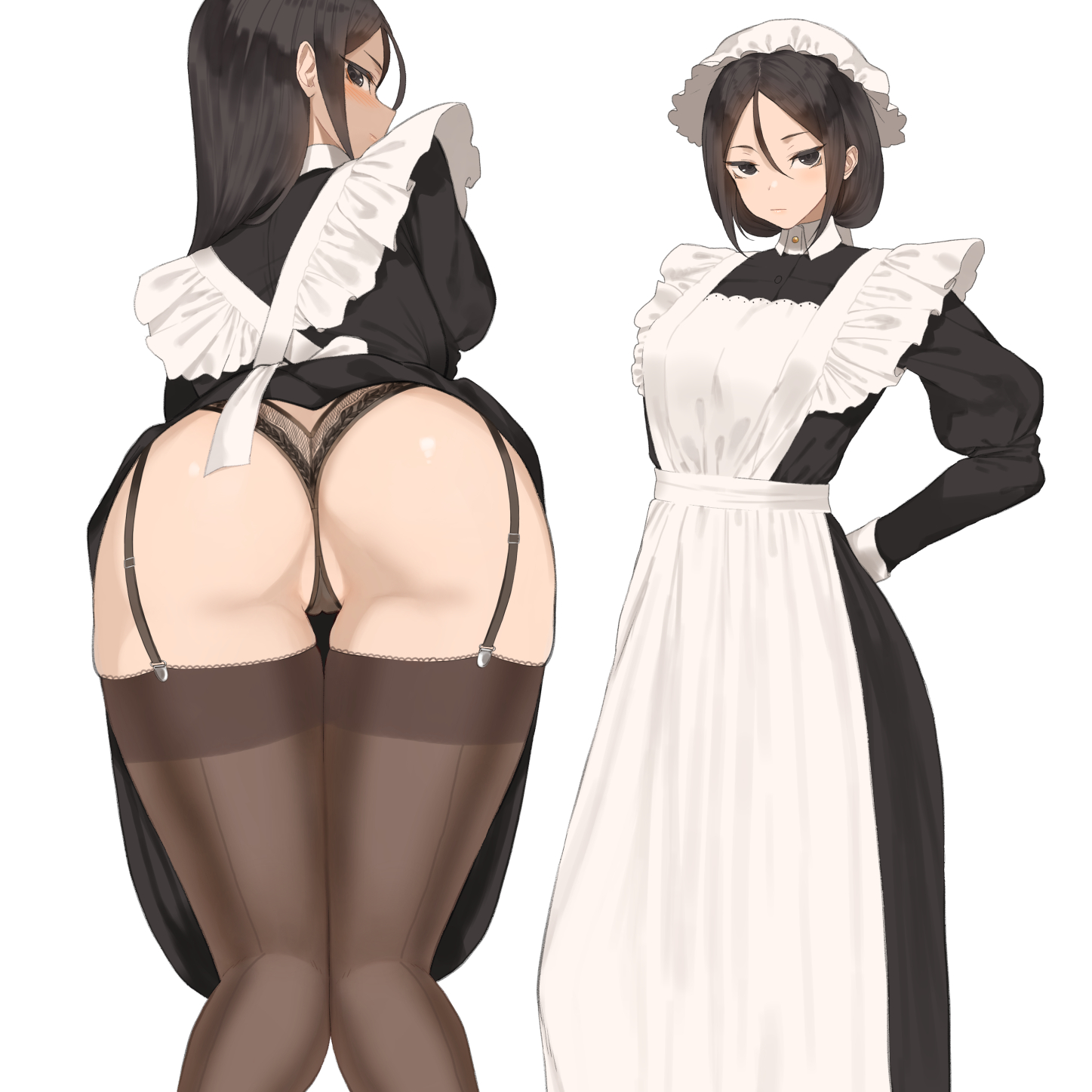 1girls, ass, back view, big ass, big butt, black eyes, black hair, clothes lift, female, female only, long hair, looking at viewer, looking back, maid, original, original character, panties, solo, solo female, thick ass, thick thighs, thighhighs, throtem, white background