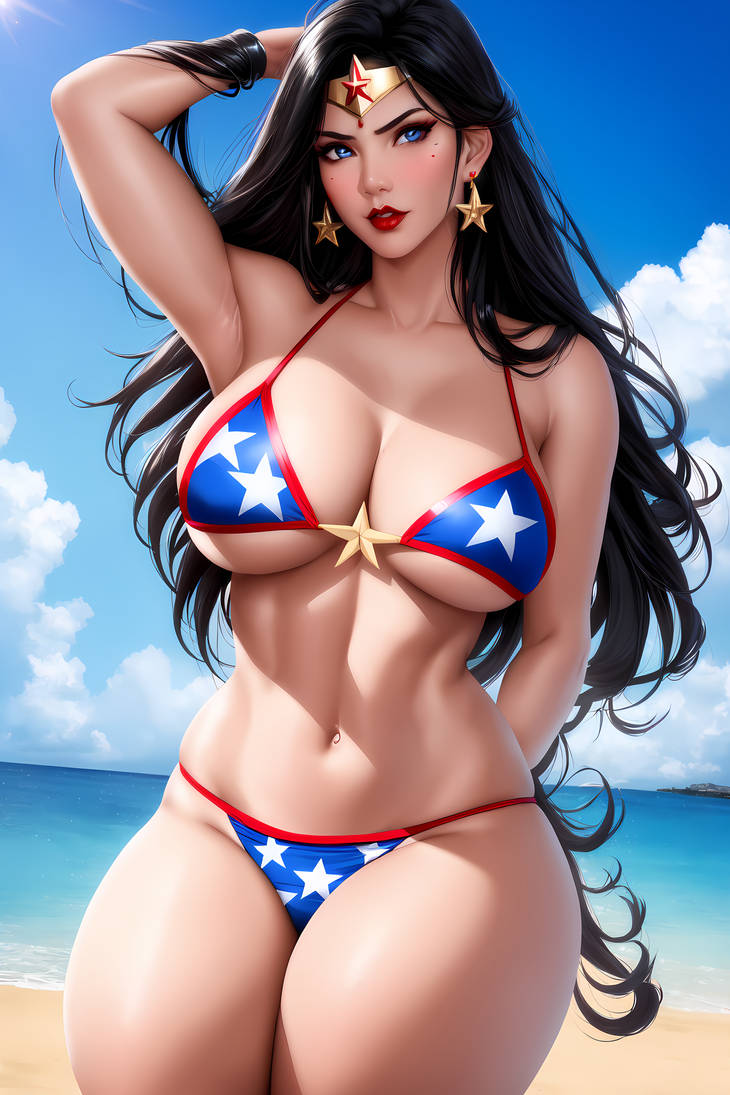 1girls, ai generated, aiartshines, amazon, background, beach, big breasts, bikini, bikini bottom, bikini top, black hair, blue eyes, breasts, cleavage, cloud, clouds, curvaceous, curvy, curvy body, curvy female, curvy figure, dc, dc comics, diana prince, earrings, female, female only, hand behind head, hourglass figure, kneeling, light skin, light-skinned female, long hair, looking at viewer, red bikini, sand, seductive, sky, solo, solo female, superheroine, tiara, vambraces, voluptuous, voluptuous female, water, wonder woman, wonder woman (series)