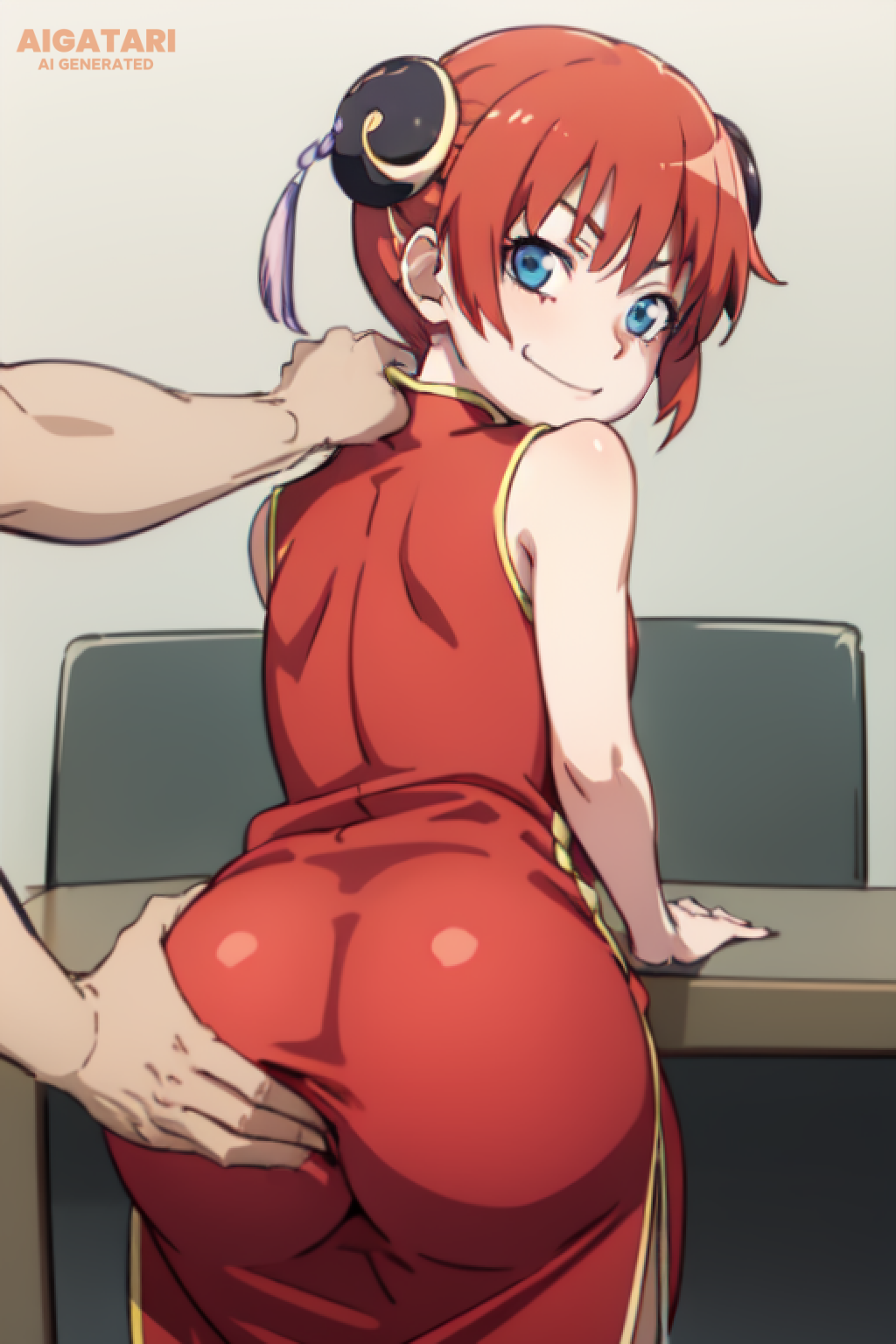 1boy 1girls ai_generated aigatari ass ass_grab big_ass blue_eyes bun_cover china_dress chinese_clothes double_bun dress_inside_ass female female_focus fully_clothed gintama hair_ornament kagura_(gintama) looking_at_viewer looking_back orange_hair red_hair sleeveless smaller_female smile solo_focus unseen_male_face