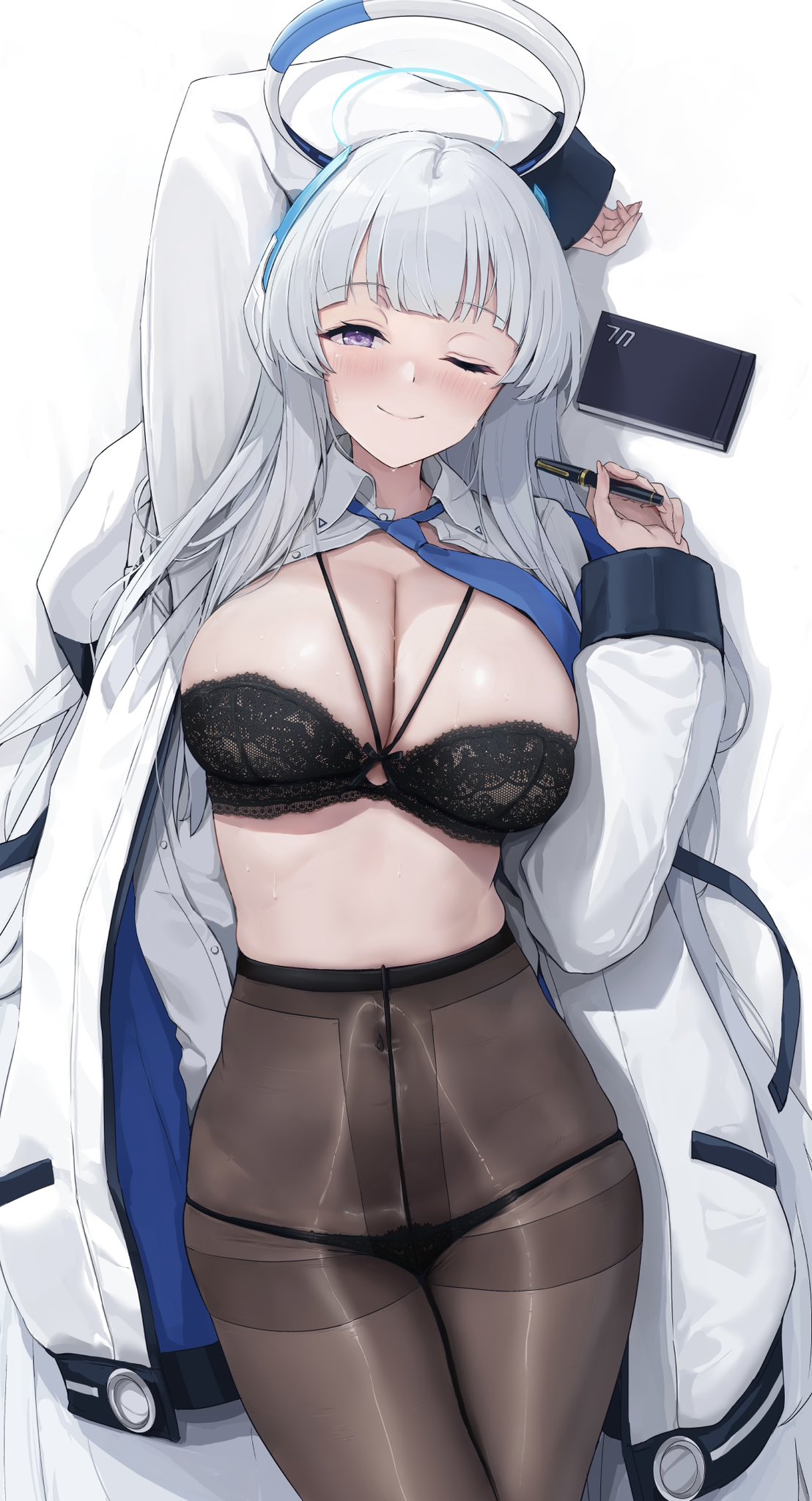 akita_hika arm_up black_bra black_panties black_pantyhose blue_and_white_halo blue_archive blue_necktie blush bra breasts cleavage closed_mouth collared_shirt commentary_request covered_navel female halo highres holding holding_pen jacket large_breasts long_sleeves looking_at_viewer millennium_science_school_logo_(blue_archive) millennium_science_school_student necktie noa_(blue_archive) one_eye_closed open_clothes open_jacket open_shirt panties panties_under_pantyhose pantyhose pen purple_eyes seminar_(blue_archive) shirt simple_background smile thighs underwear white_background white_hair white_jacket white_shirt