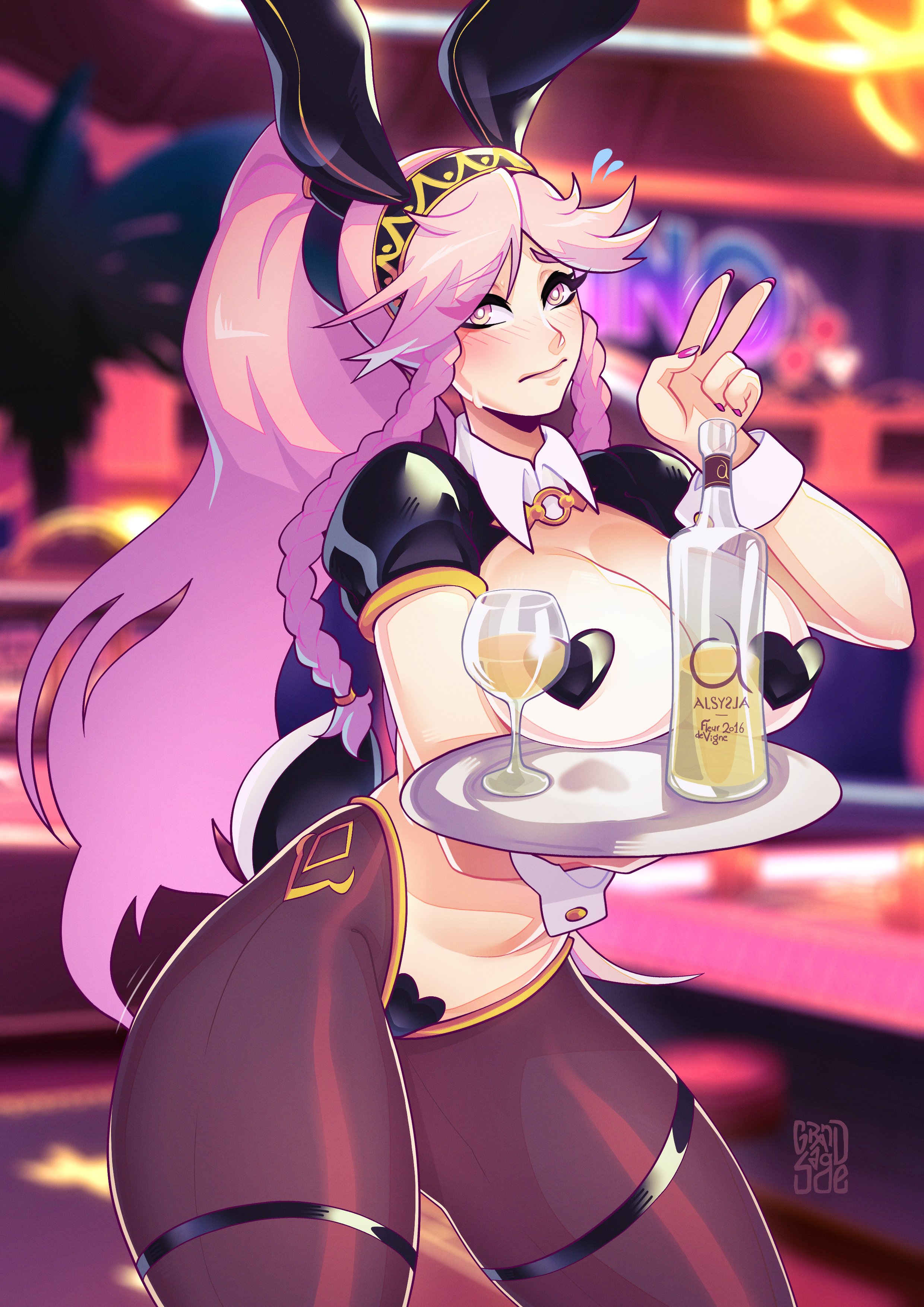 1girls, absurd res, absurdres, alcohol, alternate costume, blurry background, blush, bottle, braid, breasts, bunny ears, bunny girl, bunny tail, bunnysuit, casino, collar, covered nipples, fake animal ears, female, female only, fire emblem, fire emblem awakening, grand-sage, hair ornament, hairband, heart pasties, hi res, highres, huge breasts, large breasts, long hair, nail polish, nintendo, nipple pasties, olivia (fire emblem), pasties, pink eyes, pink hair, pink nails, ponytail, pussy, pussy pasty, reverse bunnysuit, serving tray, solo, v, very long hair, waitress, wine glass, wrist cuffs