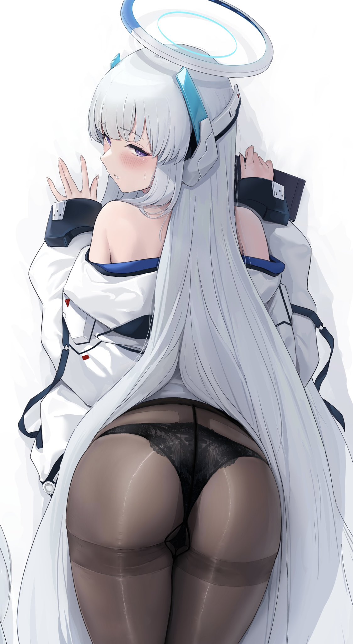 \||/ against_wall akita_hika arched_back ass bare_shoulders black_panties black_pantyhose blue_and_white_halo blue_archive blush chestnut_mouth commentary_request crotch_seam embarrassed female fingernails from_behind gusset half-closed_eyes halo hand_on_wall headgear highres holding holding_notebook jacket lace lace_panties leaning_forward legs_together long_hair long_sleeves looking_at_viewer looking_back mechanical_ears mechanical_halo millennium_science_school_student noa_(blue_archive) notebook off_shoulder panties panties_under_pantyhose pantyhose parted_lips purple_eyes seminar_(blue_archive) simple_background solo thighband_pantyhose thighs underwear white_background white_hair white_jacket