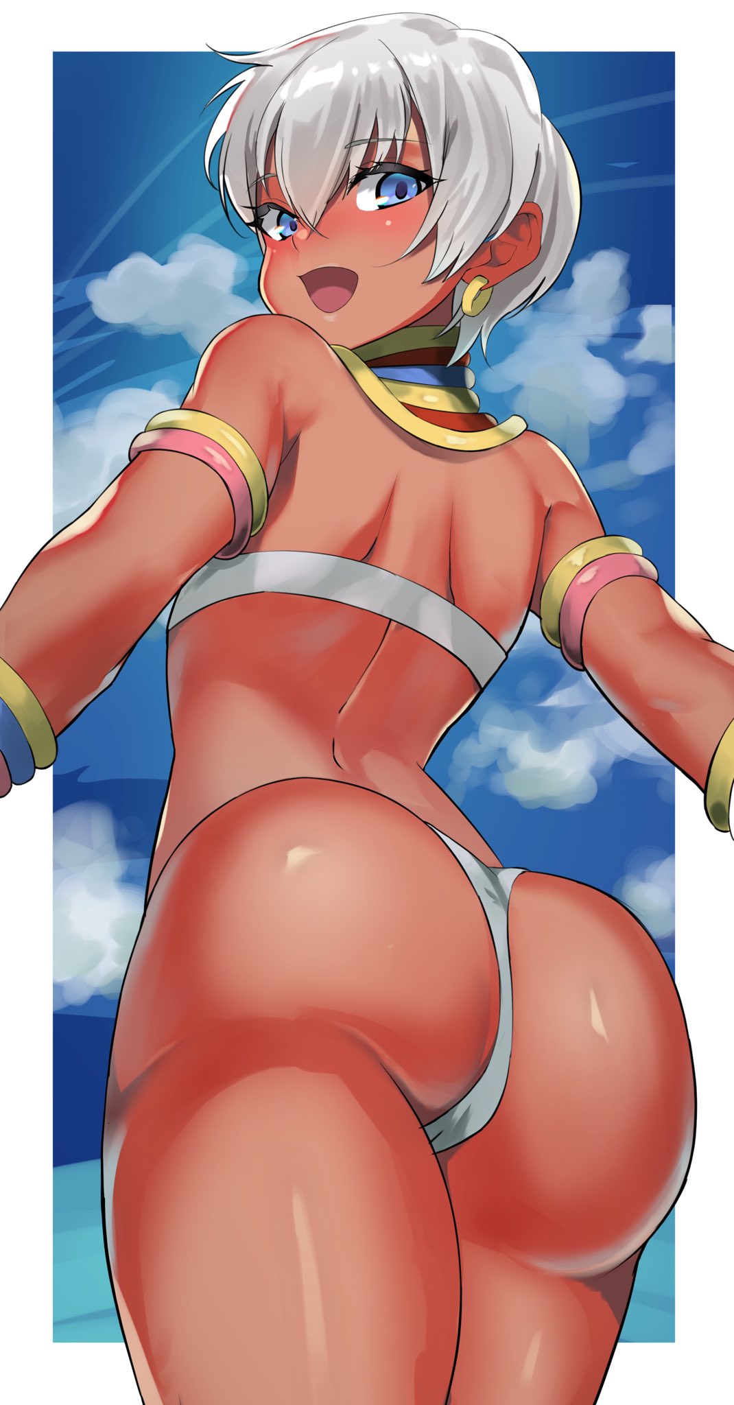 1girls ass bikini blue_eyes blue_sky blush clothed cloud dark-skinned_female dark_skin earrings elena_(street_fighter) female female_only from_behind from_below highres jewelry looking_at_viewer looking_back looking_back_at_viewer rear_view sato_one1 short_hair sky smile smiling smiling_at_viewer solo street_fighter street_fighter_iii swimsuit white_hair