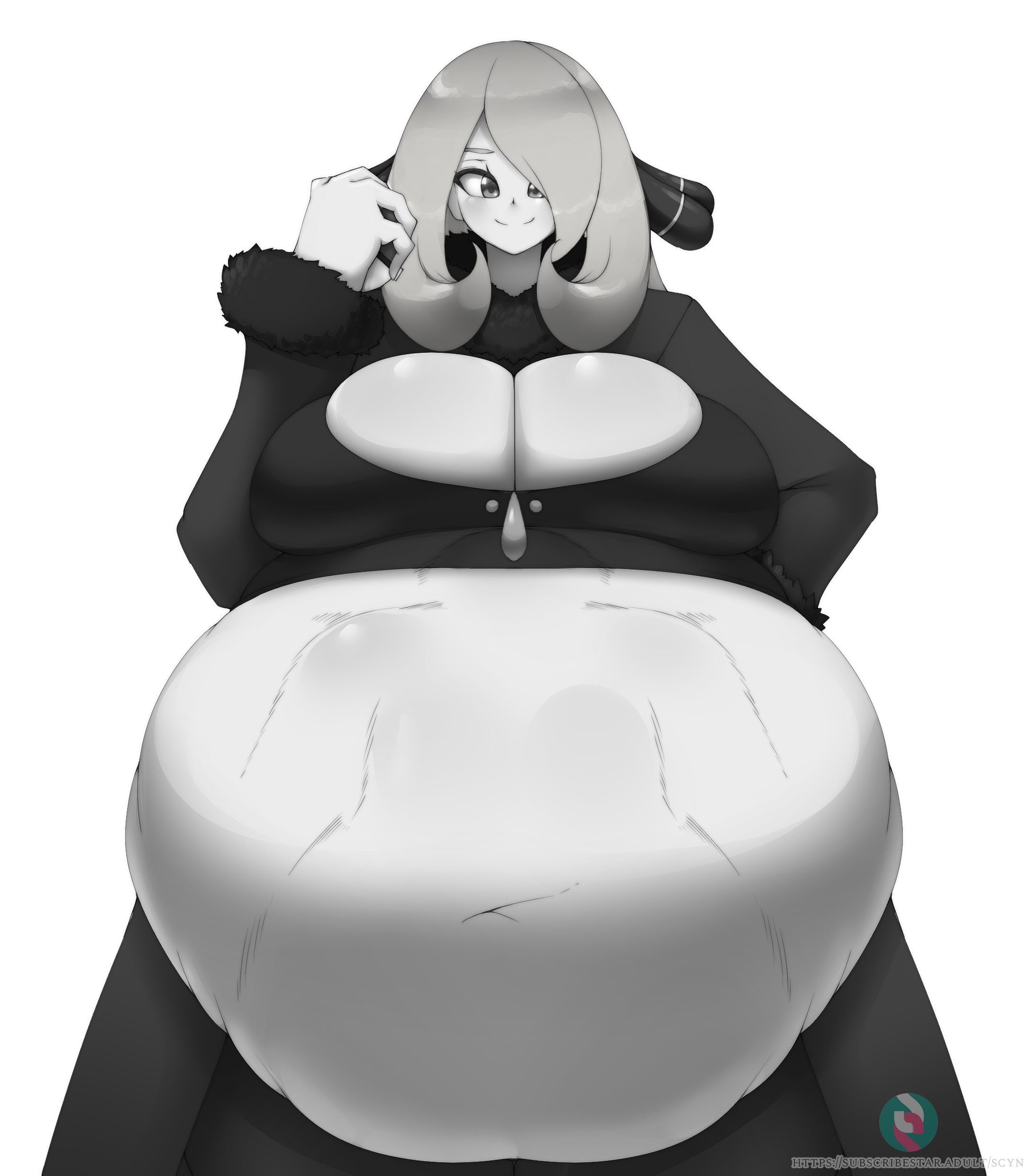 1girls, ambiguous prey, belly, belly bulge, big breasts, big hands, black and white, breasts, clothed female, cynthia (pokemon), detailed bulge, female, female pred, huge breasts, long hair, looking at viewer, oral vore, pokeball, pokemon, pokemon champion, pokemon dppt, same size vore, scynyara, soft vore, vore, vore belly, willing pred