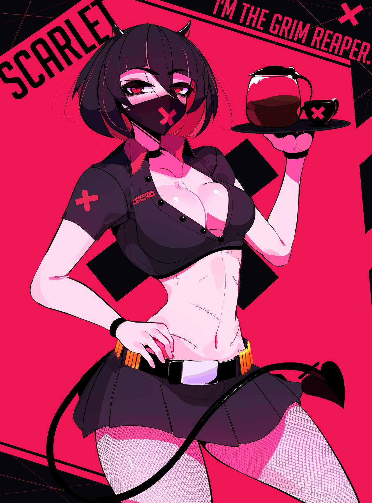 black_hair breasts coffee coffee_cup demon demon_girl demon_horns demon_tail detailed_background female female_focus female_only i'm_the_grim_reaper police police_uniform policewoman red_eyes red_hair scarlet_(i'm_the_grim_reaper) scars scars_all_over short_hair stitches tail webcomic webcomic_character webtoon