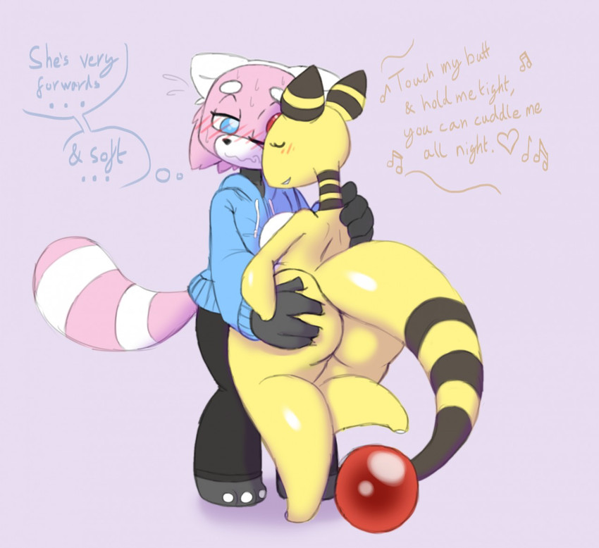 ampharos anthro ass bewear big_ass bit-small bit_(bit-small) blush dialogue eyes_closed furry hand_on_ass heart lyrics one_eye_closed pokémon_(species) pokemon pokemon_(species) tail text thick_thighs wholesome