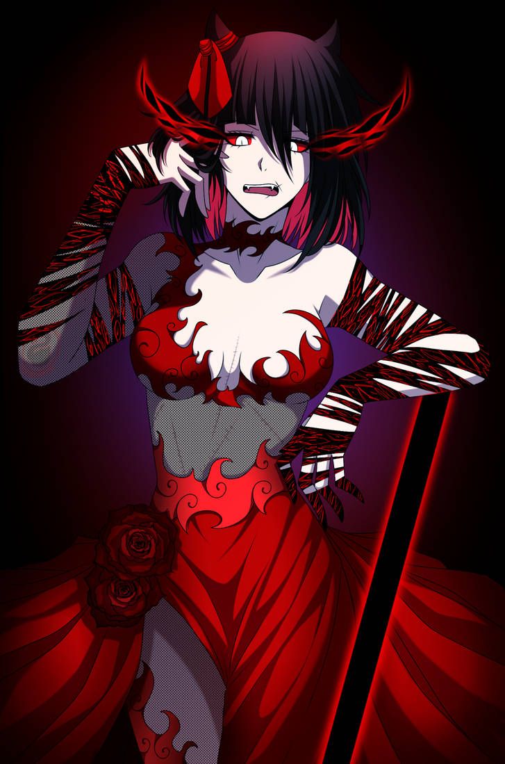 black_hair breasts demon_girl demon_horns dress energy female female_only i'm_the_grim_reaper red_eyes red_hair scarlet_(i'm_the_grim_reaper) scars_all_over scars_on_chest webcomic webcomic_character webtoon