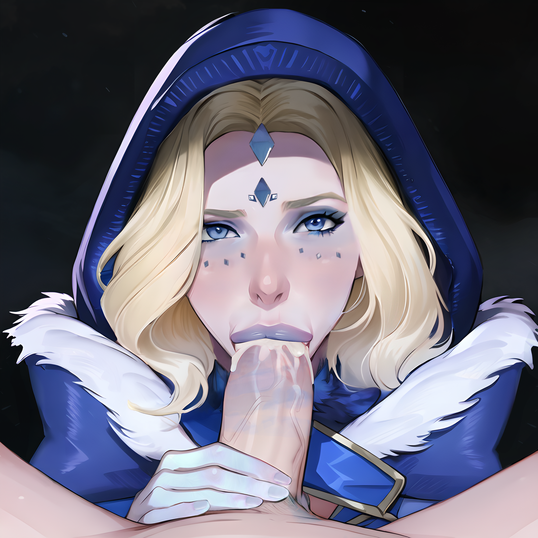 ai generated, blonde hair, blowjob, blue eyes, blue lipstick, blush, crystal maiden, cum, cum drinking, dota, dota 2, lipstick on penis, male, penis, tagme