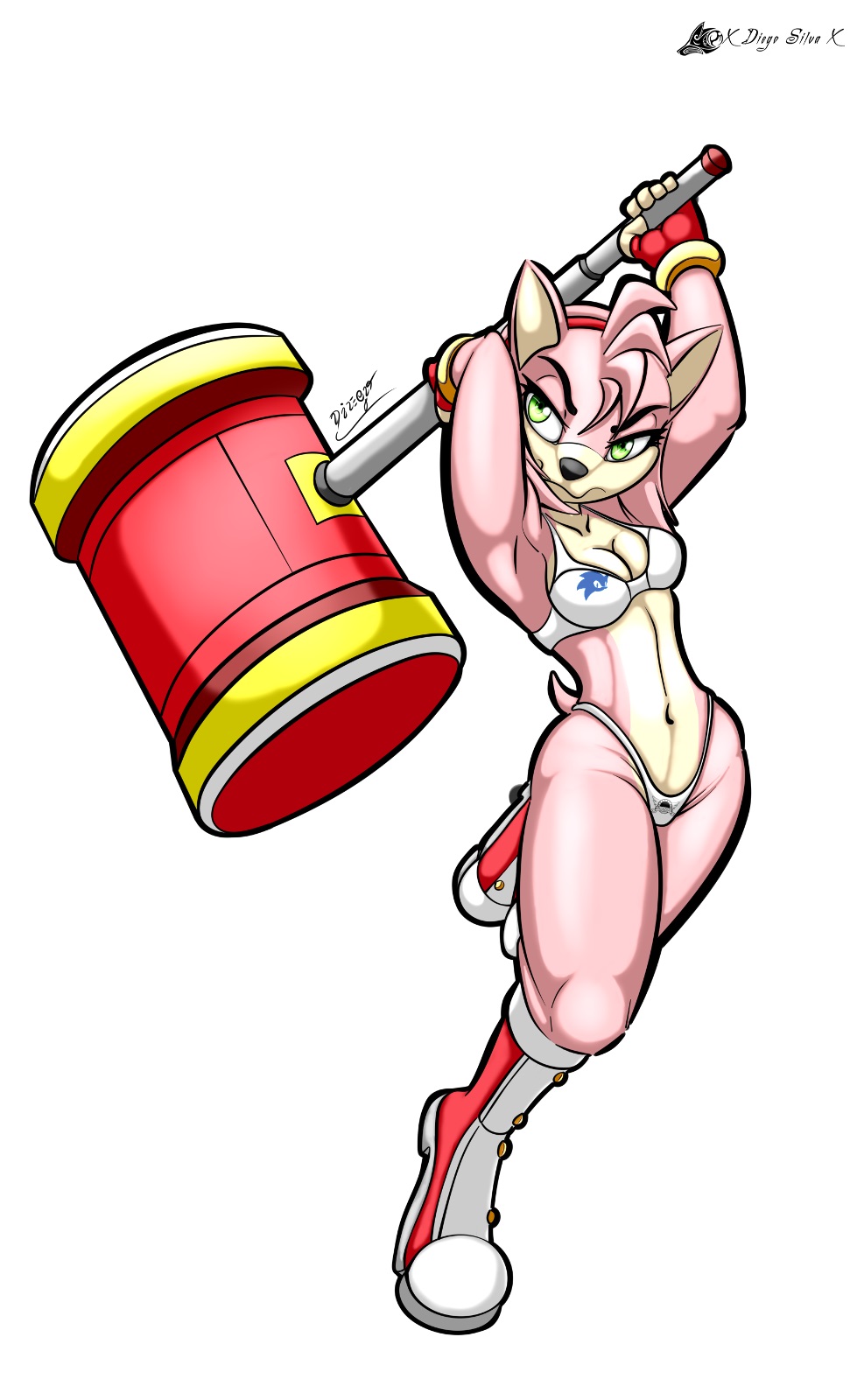 amy_rose anthro armpits boots bra cleavage female fingerless_gloves furry hammer sonic_(series) sonic_the_hedgehog_(series) underwear xdiegosilvax