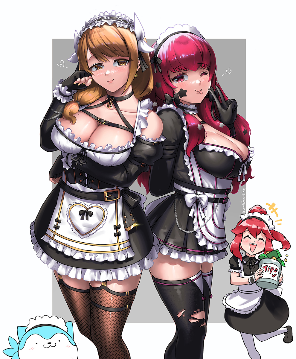 3girls :p alternate_costume anna_(fire_emblem) anna_(fire_emblem_engage) apron artist_name black_gloves blonde_hair blush breasts brown_eyes brown_hair buckle burnt_green_tea cleavage cleavage_cutout closed_mouth clothing_cutout dress facial_mark female fingerless_gloves fire_emblem fire_emblem_engage frilled_dress frills gloves goldmary_(fire_emblem) hair_ornament highres large_breasts long_hair looking_at_viewer maid maid_apron maid_headdress maid_uniform multiple_girls nintendo one_eye_closed red_eyes red_hair side_ponytail simple_background smile sommie_(fire_emblem) star star_(symbol) strap thighhighs v watermark wink yellow_eyes yunaka_(fire_emblem)