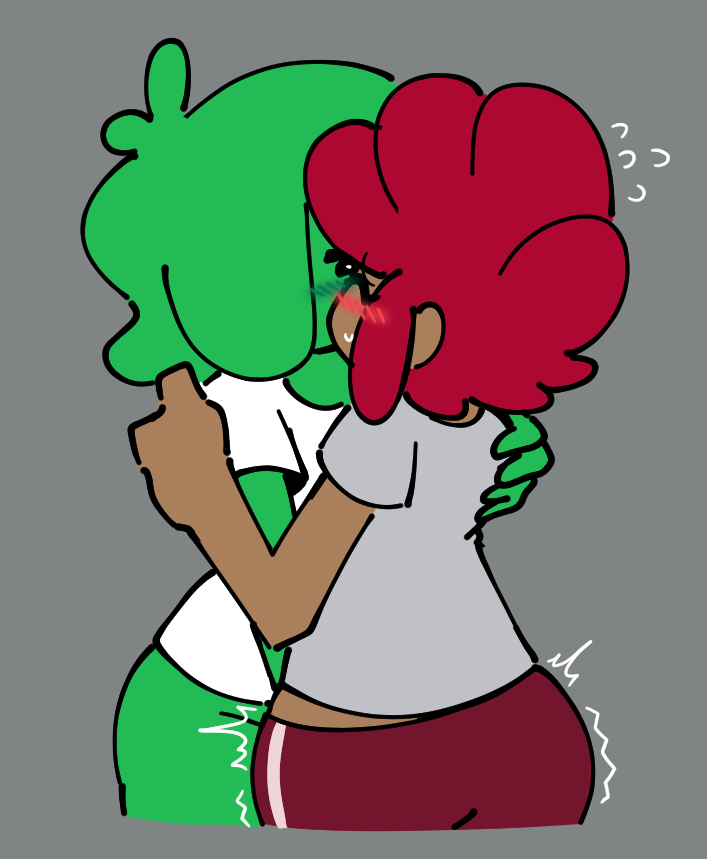 bepixel blush blush_lines blushing blushing_profusely bottomless clothed clothed_female eyes_closed green_body green_hair green_skin jellie_(bepixel) jelly_girl kiss kissing max_(stashamber) red_hair red_shorts shorts slime slime_girl stashamber_(artist) sweat tagme yuri