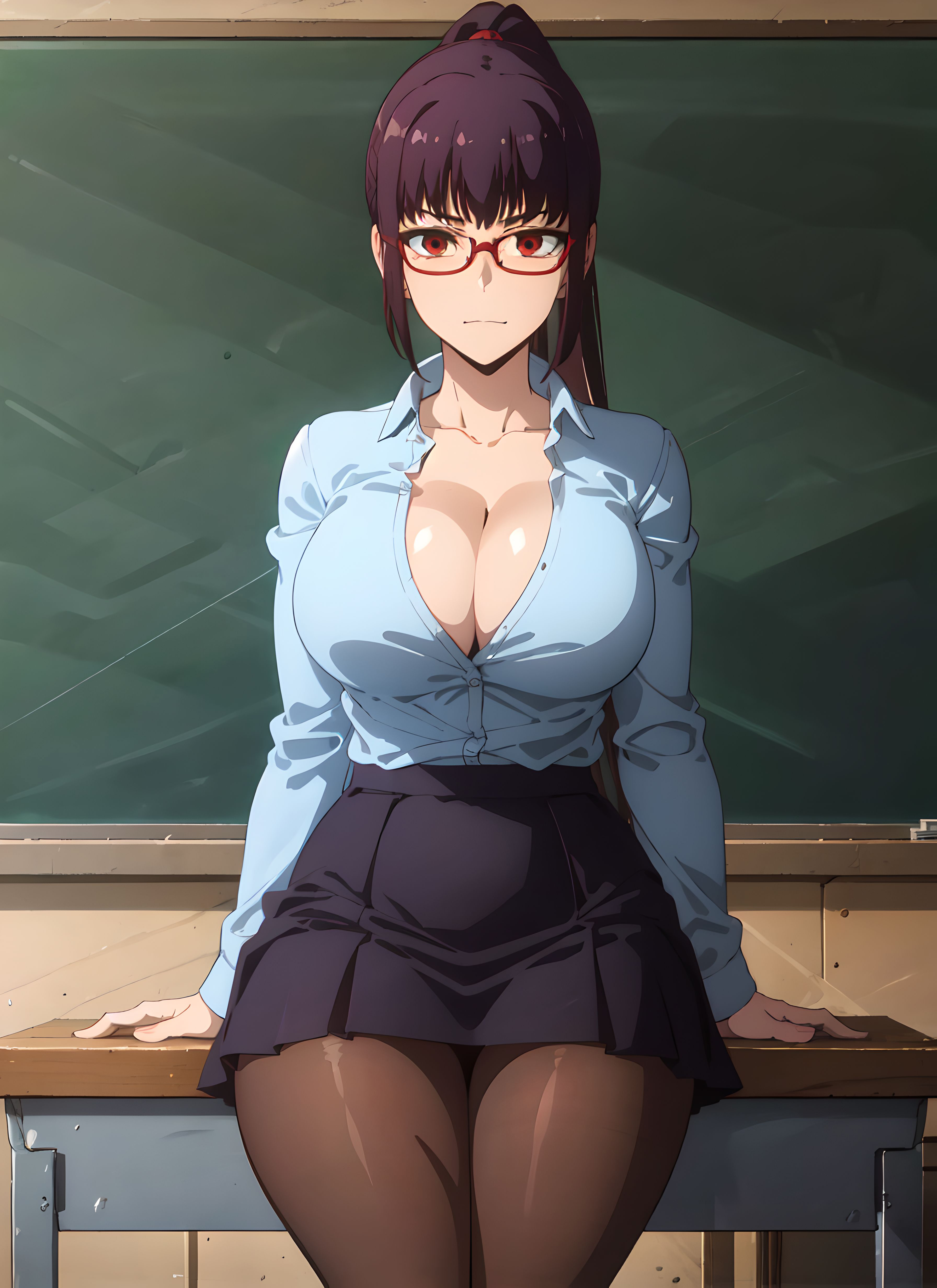 1girls, ai generated, big breasts, breasts, busty, classroom, clothed, clothing, curvy, female, female focus, female only, glasses, hi res, highres, huge breasts, large breasts, long hair, please don't bully me, nagatoro, president (nagatoro), purple hair, red eyes, revealing clothes, sana sunomiya, simple background, solo, solo female, subaruarm, teacher, voluptuous, wide hips