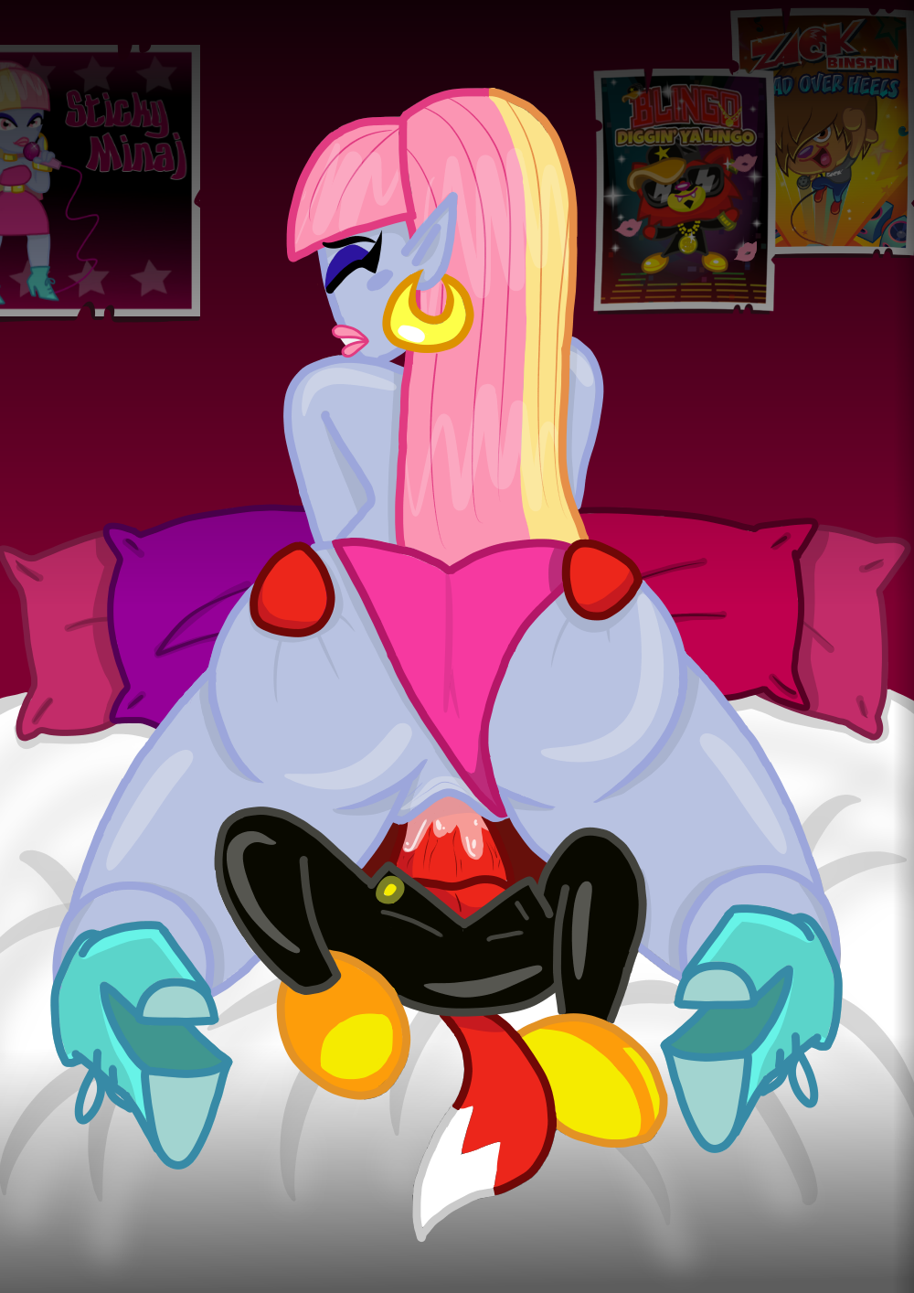 anthro ass bangs bed blingo_the_flashy_fox blonde_hair bodily_fluids boots bottomwear butt_grab canid canine clothed clothing clothing_aside duo ear_piercing ear_ring eyelashes eyeshadow female footwear fox furniture genital_fluids glistening glistening_butt hair hand_on_butt hi_res high_heeled_boots high_heels hoop_ear_ring humanoid humanoid_on_anthro humanoid_pointy_ears inside larger_female larger_penetrated lips makeup male male/female mammal monster_(moshi_monsters) moshi_monsters moshling on_bed open_bottomwear open_clothing open_pants panties panties_aside pants penetration penile penile_penetration penis_in_pussy piercing pillow pink_hair pink_lips poster rear_view ring_piercing shoes size_difference smaller_male sticky_minaj tail toony underwear underwear_aside unknown_artist vaginal_penetration vaginal_penetration zack_binspin