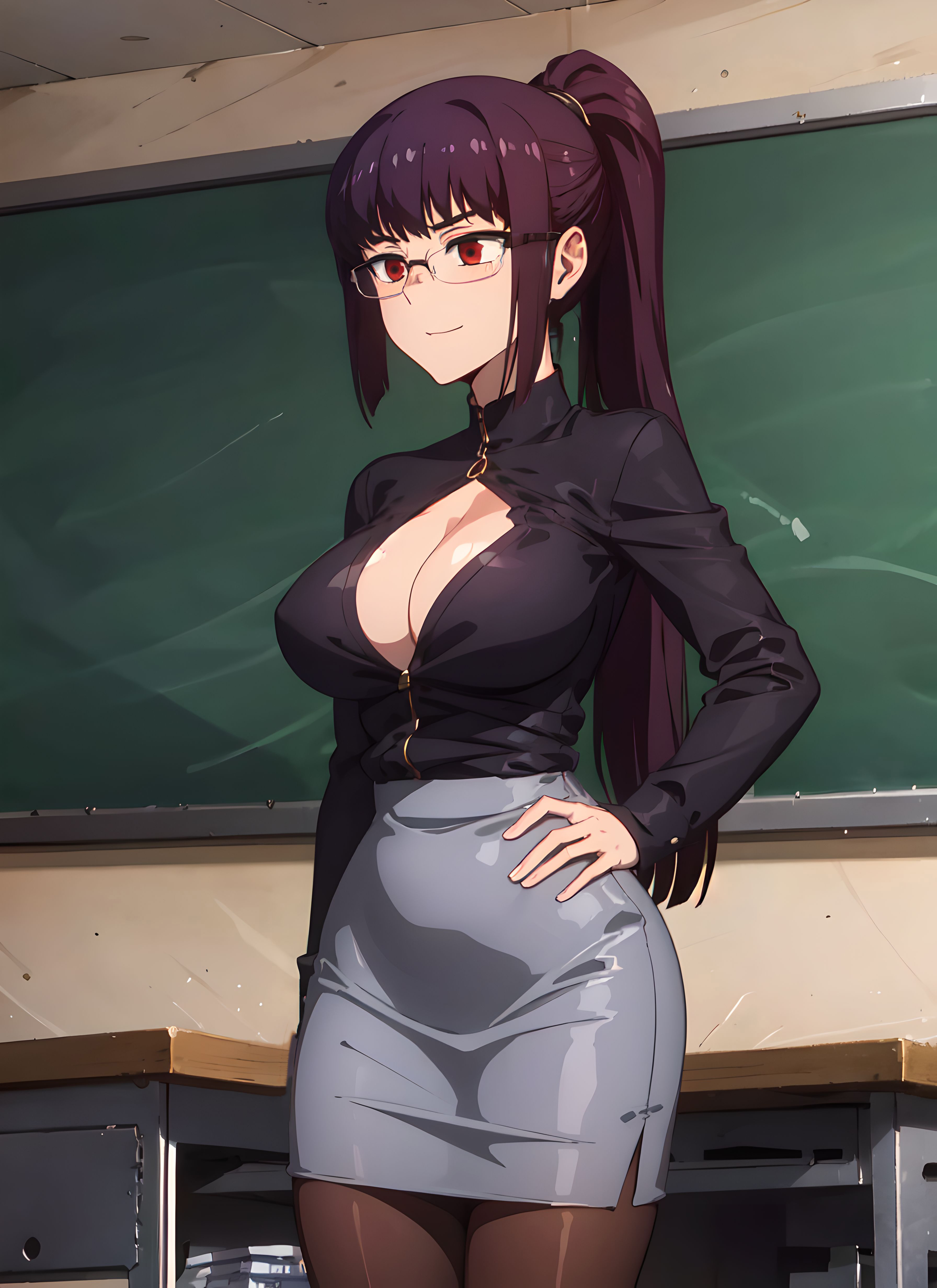 1girls, ai generated, big breasts, breasts, busty, classroom, clothed, clothing, curvy, female, female focus, female only, glasses, hi res, highres, huge breasts, large breasts, long hair, please don't bully me, nagatoro, president (nagatoro), purple hair, red eyes, revealing clothes, sana sunomiya, simple background, solo, solo female, subaruarm, teacher, voluptuous, wide hips
