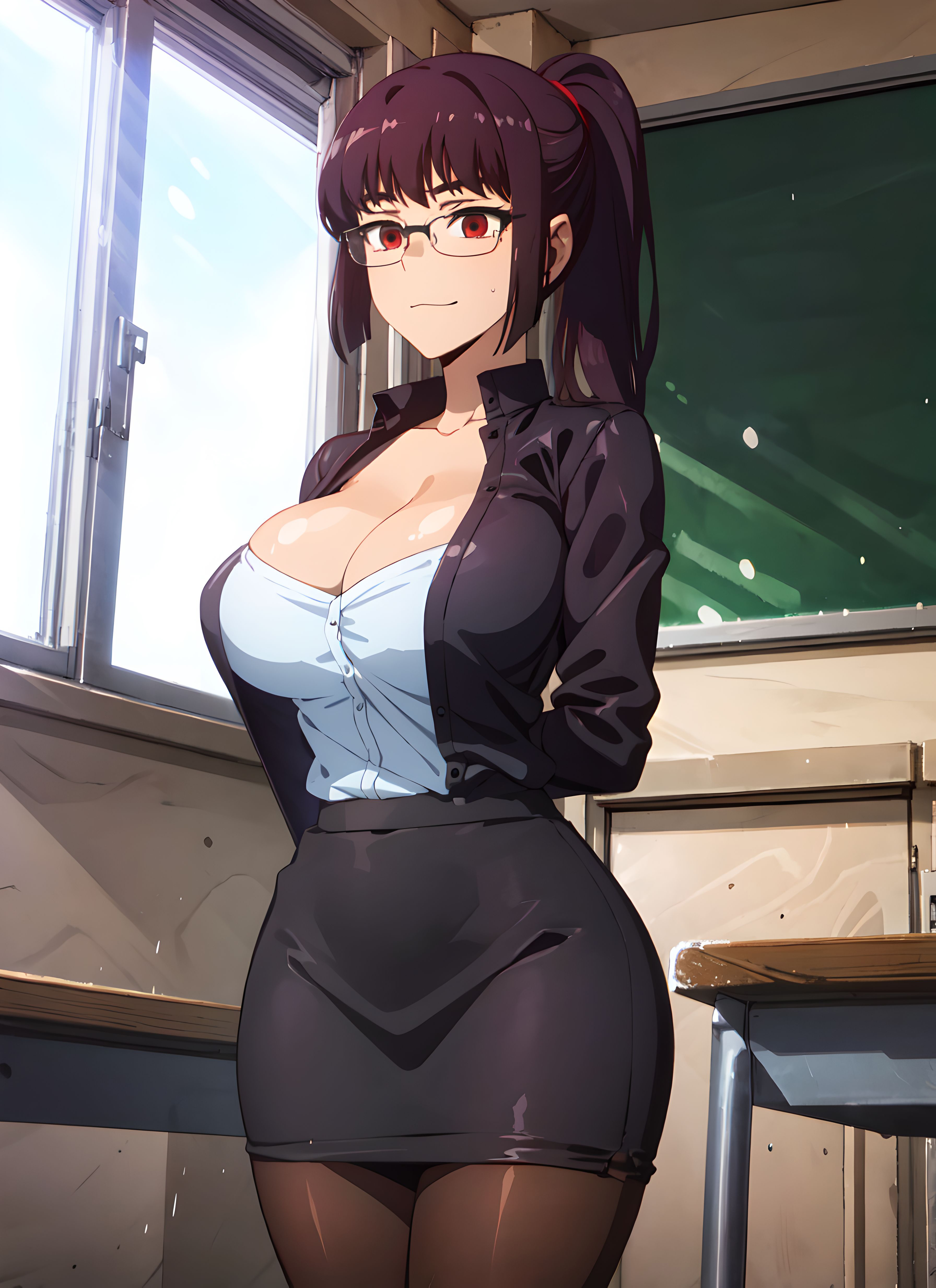 1girls, ai generated, big breasts, breasts, busty, classroom, clothed, clothing, curvy, female, female focus, female only, glasses, hi res, highres, huge breasts, large breasts, long hair, please don't bully me, nagatoro, president (nagatoro), purple hair, red eyes, revealing clothes, sana sunomiya, simple background, solo, solo female, subaruarm, teacher, voluptuous, wide hips