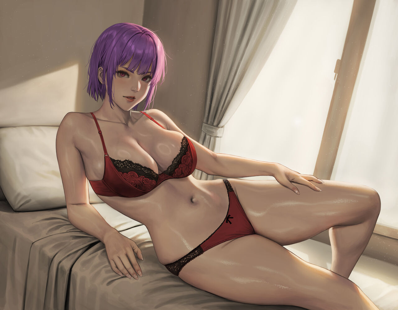 ayane (doa), big breasts, bra, breasts, cleavage, dead or alive, female, highres, janggun, jeneral, large breasts, lingerie, panties, purple hair, red lingerie, short hair, skimpy clothes, voluptuous