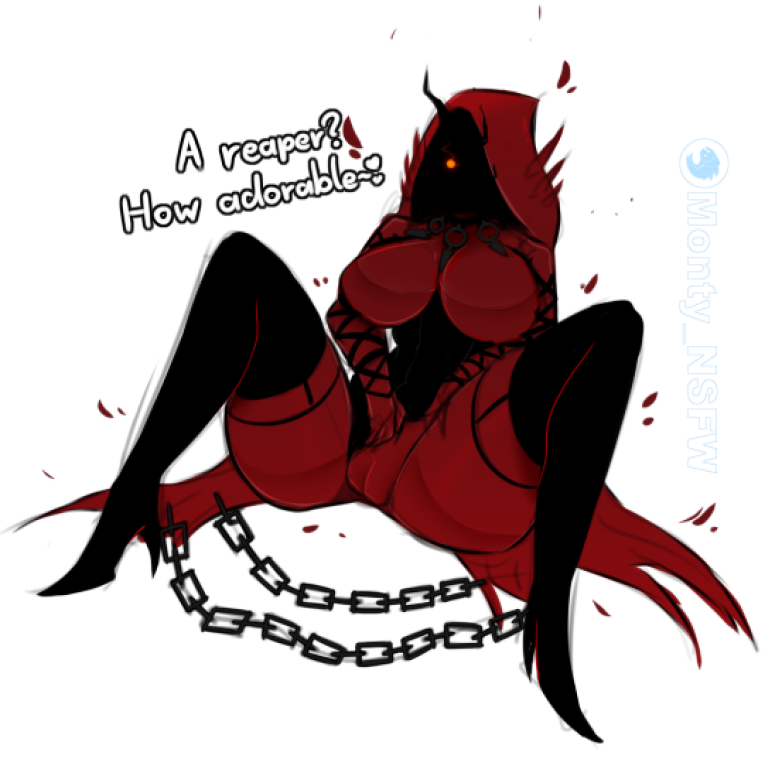 2d cameltoe cloak curvy curvy_female curvy_figure faceless_female female female_focus female_only glowing_eyes grim_reaper heart hood monty_nsfw no_face one_eye original original_character presenting_pussy red_clothing spread_legs text thick_thighs thighhighs white_background