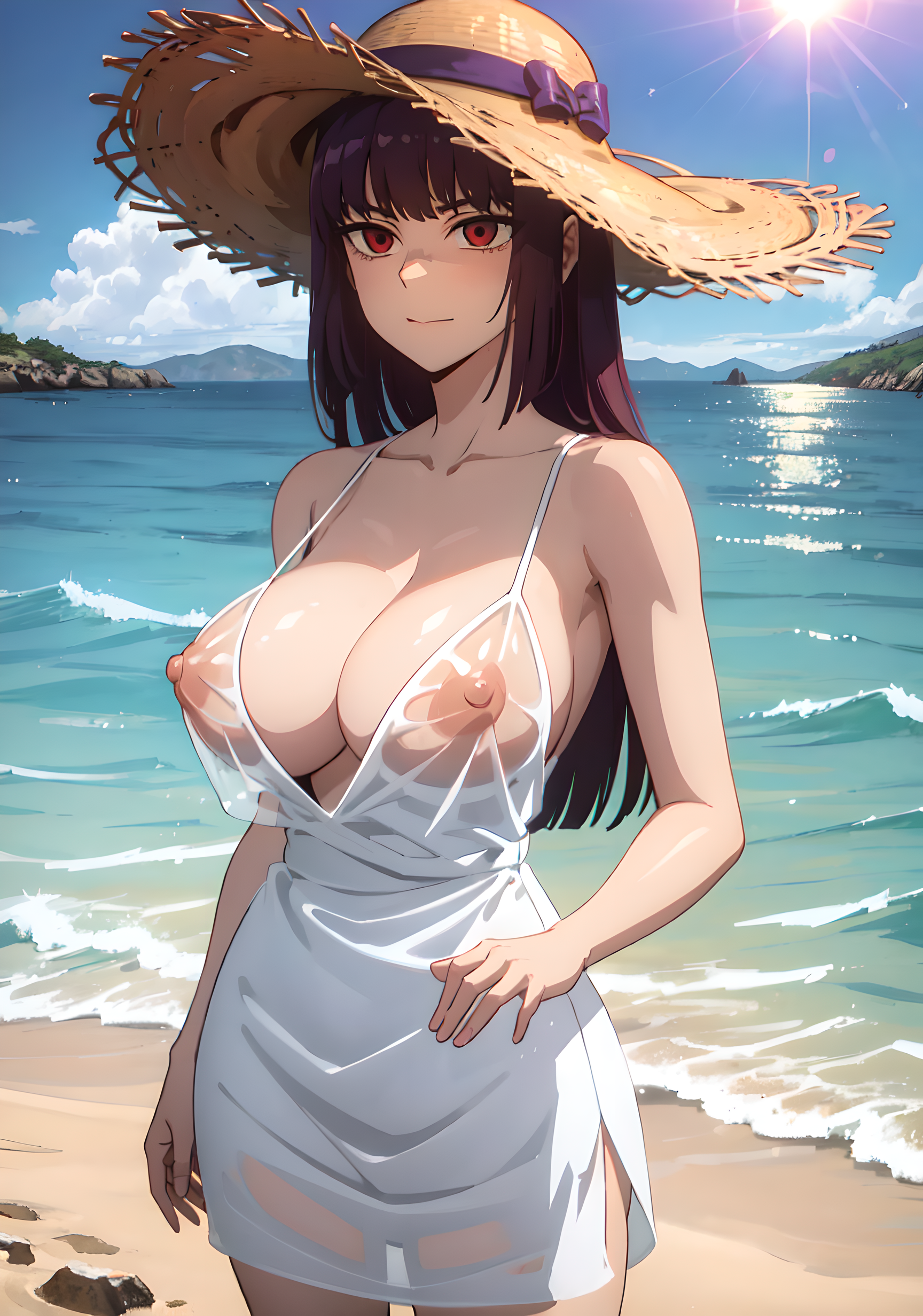 1girls, ai generated, areolae, beach, big breasts, black hair, breasts, busty, cleavage, clothed, clothing, covered nipples, curvy, dress, female, female focus, female only, hi res, highres, huge breasts, large breasts, long hair, nipples, please don't bully me, nagatoro, president (nagatoro), purple hair, red eyes, revealing clothes, sana sunomiya, sand, sea, see-through, simple background, solo, solo female, subaruarm, voluptuous, wide hips