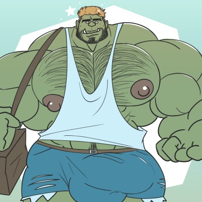 bara beard big_bulge body_hair bughemoth bulge chest_hair clothing facial_hair green_body green_skin male male_only muscles muscular orc shorts solo solo_male tank_top