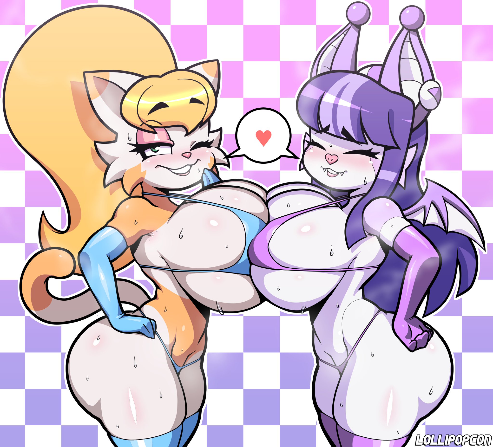 2girls, anthro, ass, bat, big ass, big breasts, bikini, breasts, cat ears, cat tail, character request, closed eyes, feline, female, female focus, female only, green eyes, huge ass, huge breasts, lollipopcon, multiple females, multiple girls, original, original character, original characters, pattern background, thick thighs, thighs, wink