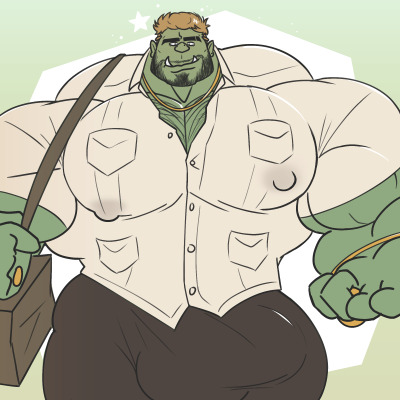 bara beard big_bulge body_hair bughemoth bulge chest_hair clothing facial_hair green_body green_skin male male_only muscles muscular no_visible_genitalia orc pants shirt solo solo_male