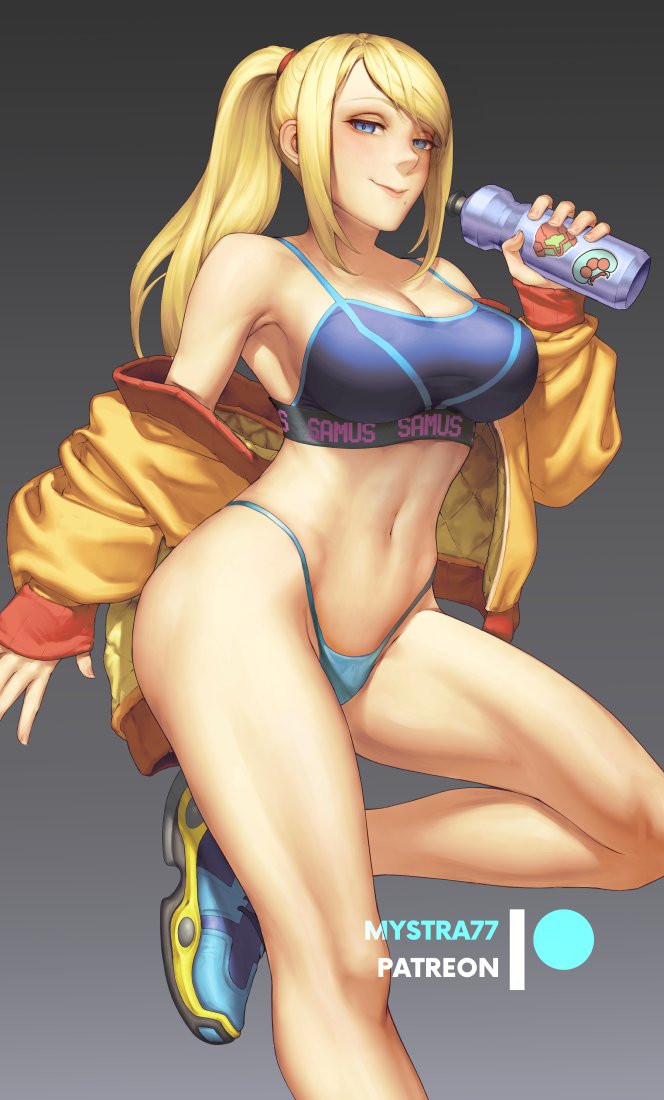 blonde_hair female gun looking_at_viewer metroid mystra77 open_shirt ponytail samus_aran sneakers sportswear tagme tennis_shoes water_bottle