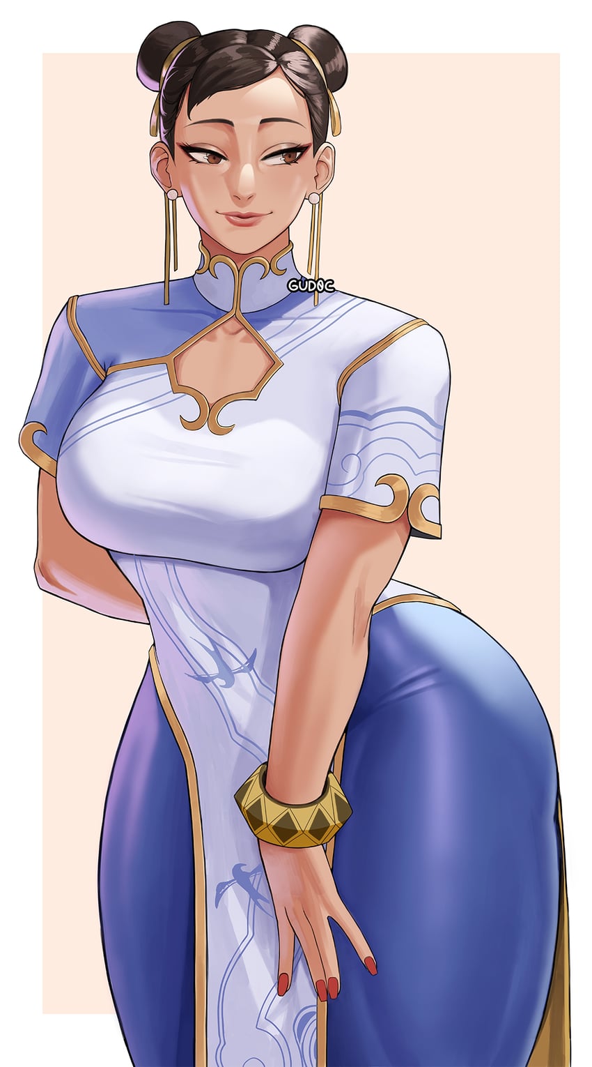 1girls alternate_version_available artist_name asian asian_female ass big_ass big_breasts black_hair blue_pants breasts capcom chinese_clothes chun-li cleavage cleavage_cutout clothing_cutout contrapposto cowboy_shot dress earrings female female_only fully_clothed gud0c hair_bun hair_ribbon highres jewelry looking_to_the_side pants puffy_short_sleeves puffy_sleeves purple_nails ribbon short_sleeves solo street_fighter street_fighter_6 thick_thighs thighs tights white_dress wide_hips