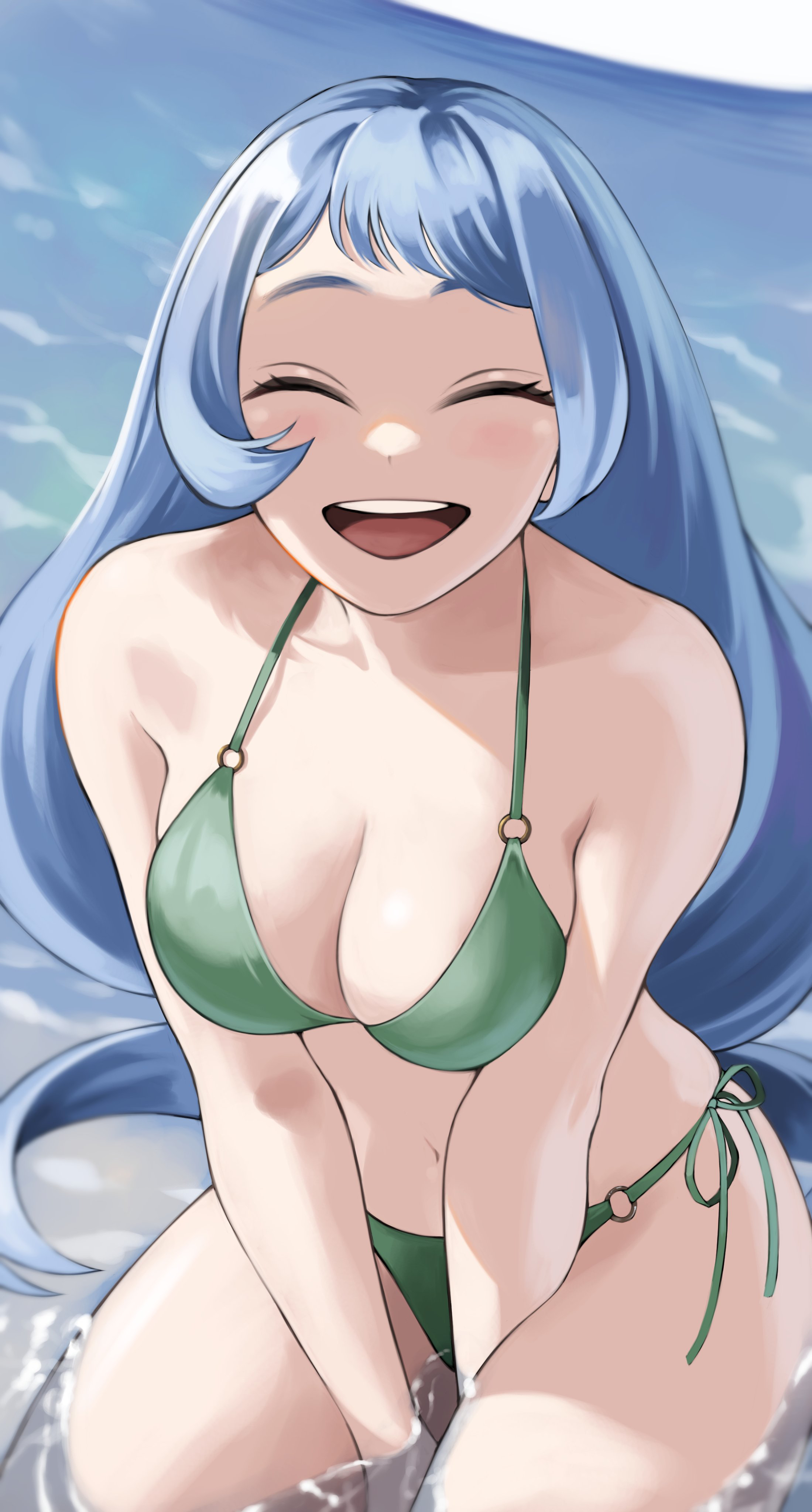 1girls, bikini, blue hair, blue-haired female, breasts, female, female only, fengling (furin-jp), green bikini, hadou nejire, my hero academia, nejire hado, open mouth, solo, tagme, water