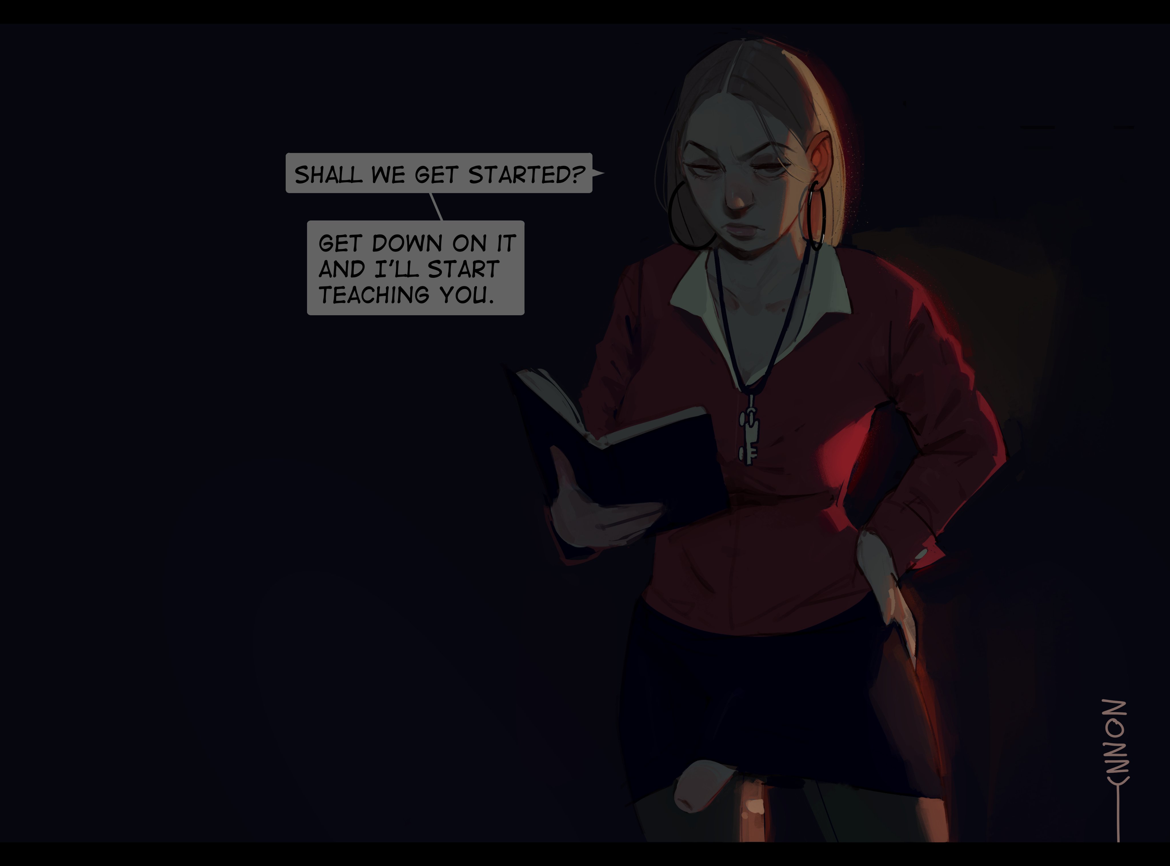 1futa, 2d, 2d (artwork), big penis, blonde futa, blonde-haired female, blonde-haired futa, dialogue, earrings, english text, female, futa only, futanari, hand on own hip, holding book, intersex, light skin, light-skinned futa, looking at viewer, miniskirt, penis, red shirt, skirt, standing, tagme, teacher, teacher and student, text, zozzy (sauceleg)
