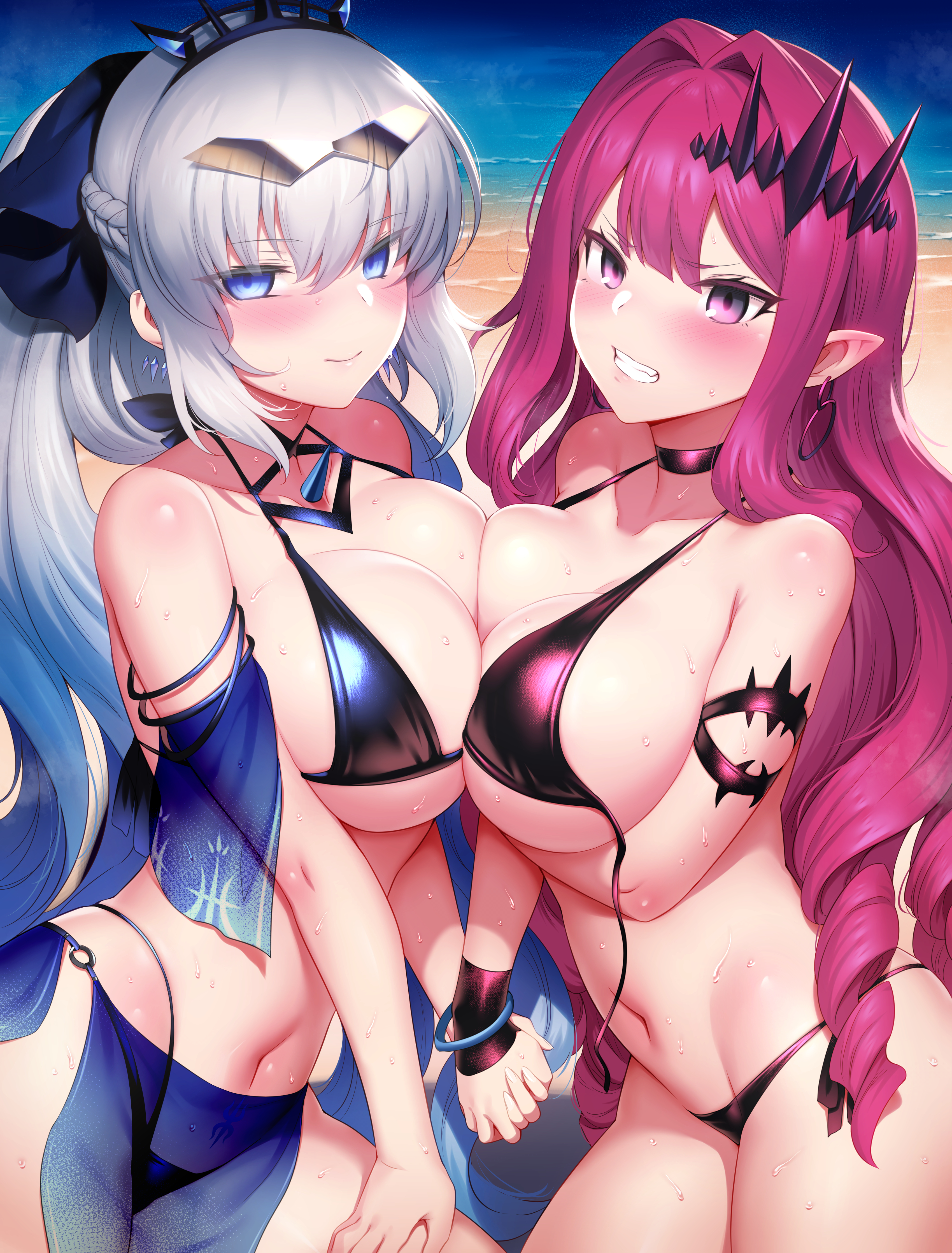 2girls, baobhan sith (fate), beach, big breasts, bikini, blue, blue eyes, breasts, crown, eyes, fate (series), fate/grand order, female, glasses on head, hair, holding hands, long, m-da s-tarou, morgan le fay (fate), mother and daughter, multiple females, multiple girls, pink eyes, pink hair, symmetrical docking, white hair