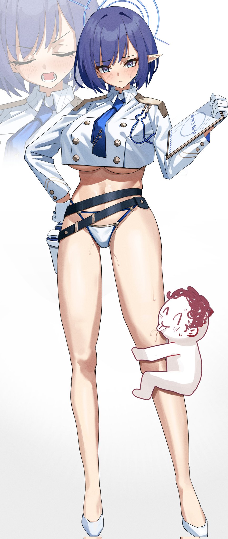 1boy aoi_(blue_archive) bare_legs belt bikini bikini_bottom_only bikini_under_clothes blue_archive blue_eyes blue_hair blue_halo blue_necktie blush breasts clipboard collared_shirt crop_top cropped_jacket doodle_sensei_(blue_archive) duplicate earclip feipin_zhanshi female full_body general_student_council_(blue_archive) gloves gun halo hand_on_own_hip highleg highleg_bikini highres holding holding_clipboard holstered hug hugging_another's_leg large_breasts leg_grab licking looking_at_viewer midriff mini_person miniboy mole mole_under_eye multiple_views necktie open_mouth paid_reward_available pointy_ears saliva sensei_(blue_archive) shirt shoes simple_background size_difference standing sweat swimsuit underboob weapon white_background white_bikini white_footwear white_gloves white_uniform