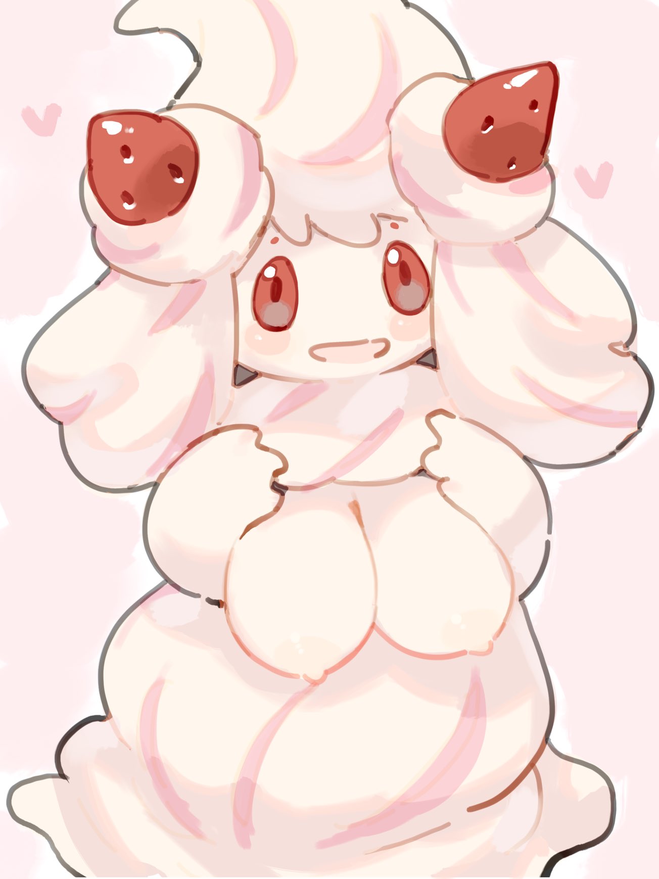 1girls 2020s 2023 alcremie big_breasts blush breasts female female_only hearts kame_3 looking_at_viewer mawhip nipples no_humans pokemon pokemon_(species) pokemon_ss presenting presenting_breasts red_eyes red_sclera simple_background strawberry thick_thighs white_body