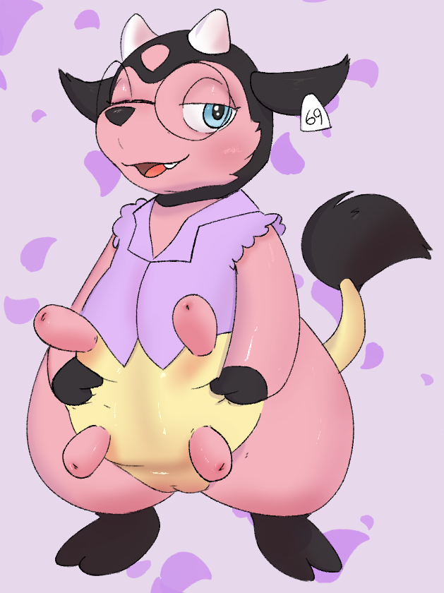 female generation_2_pokemon genitals holding_udders looking_at_viewer miltank nintendo no_humans o-ishi open_mouth pokemon pokemon_(species) pussy semi-anthro skyelu solo teats udders