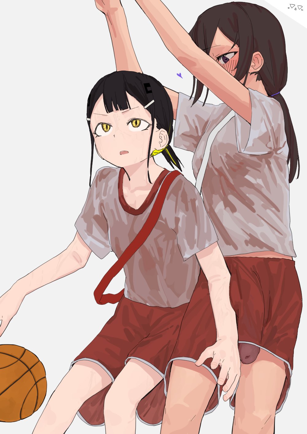 accident basketball basketball_uniform big_penis blush blushing bulge clueless futanari heart-shaped_pupils horny penis penis_out penis_under_clothes poking_out straysecond tagme