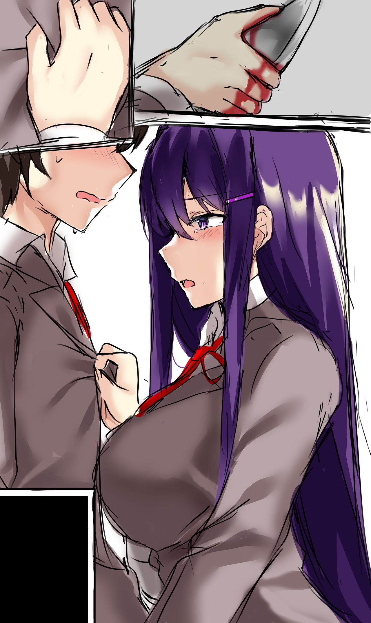 1boy, 1girls, 5 fingers, big breasts, bleeding, blood, breasts, comic, comic page, doki doki literature club, farys (afopahqfw), female, gore, grabbing, long hair, male, mc (doki doki literature club!), purple eyes, purple hair, tagme, yuri (doki doki literature club)